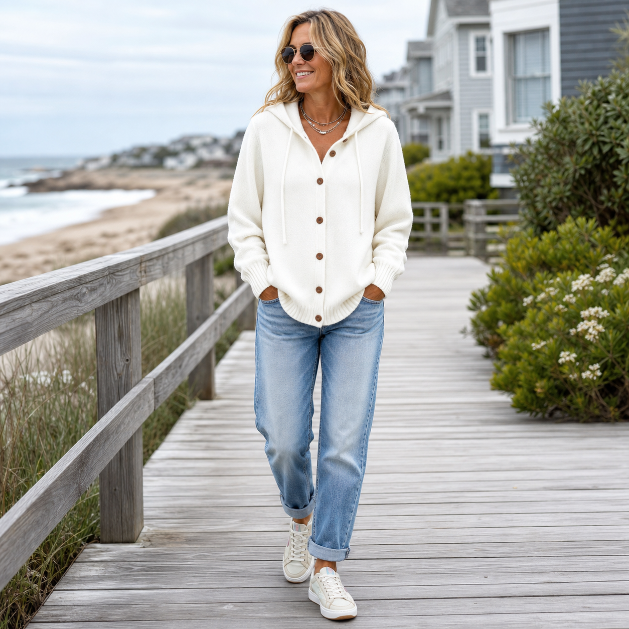 Woman wearing hooded cardigan on coastal boardwalk