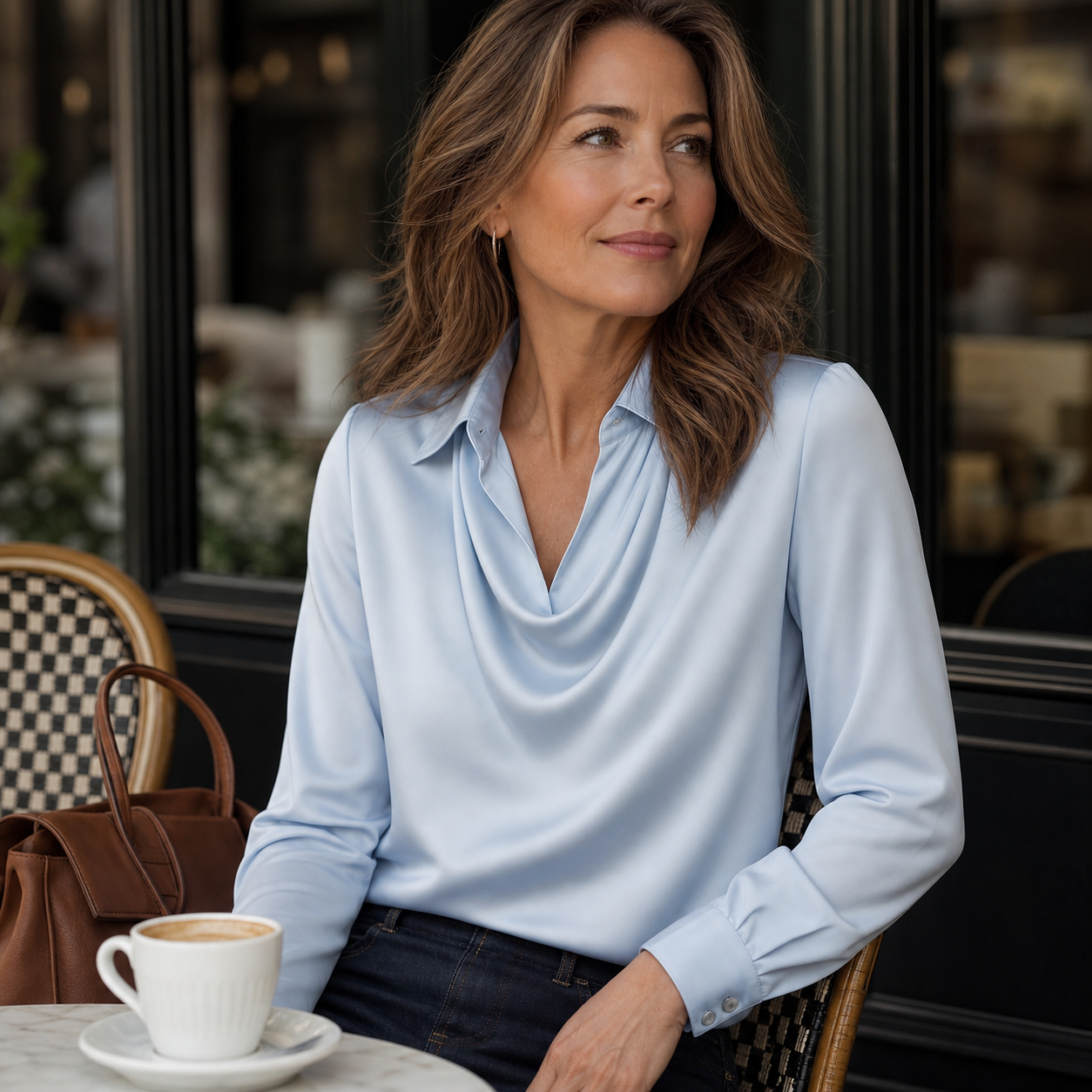 Woman in the Light Blue satin blouse having coffee in a cafe
