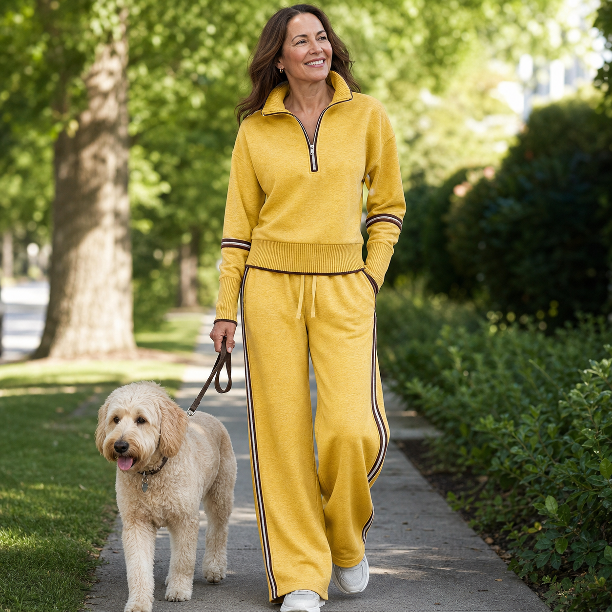 Woman wearing the Yellow half-zip tracksuit set on a dog walk