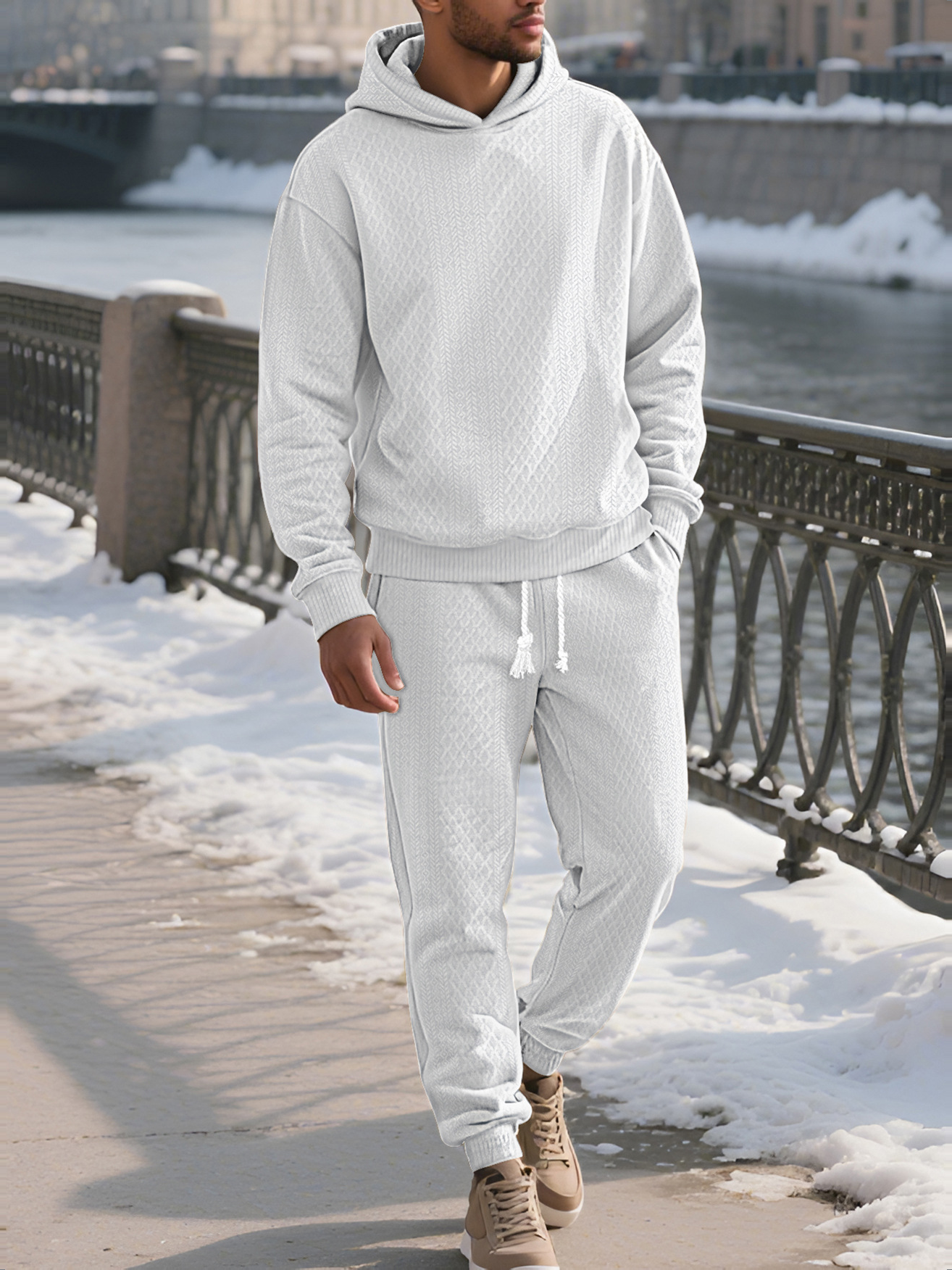 Men's Ribbed Hooded Pullover and Jogger Set - White