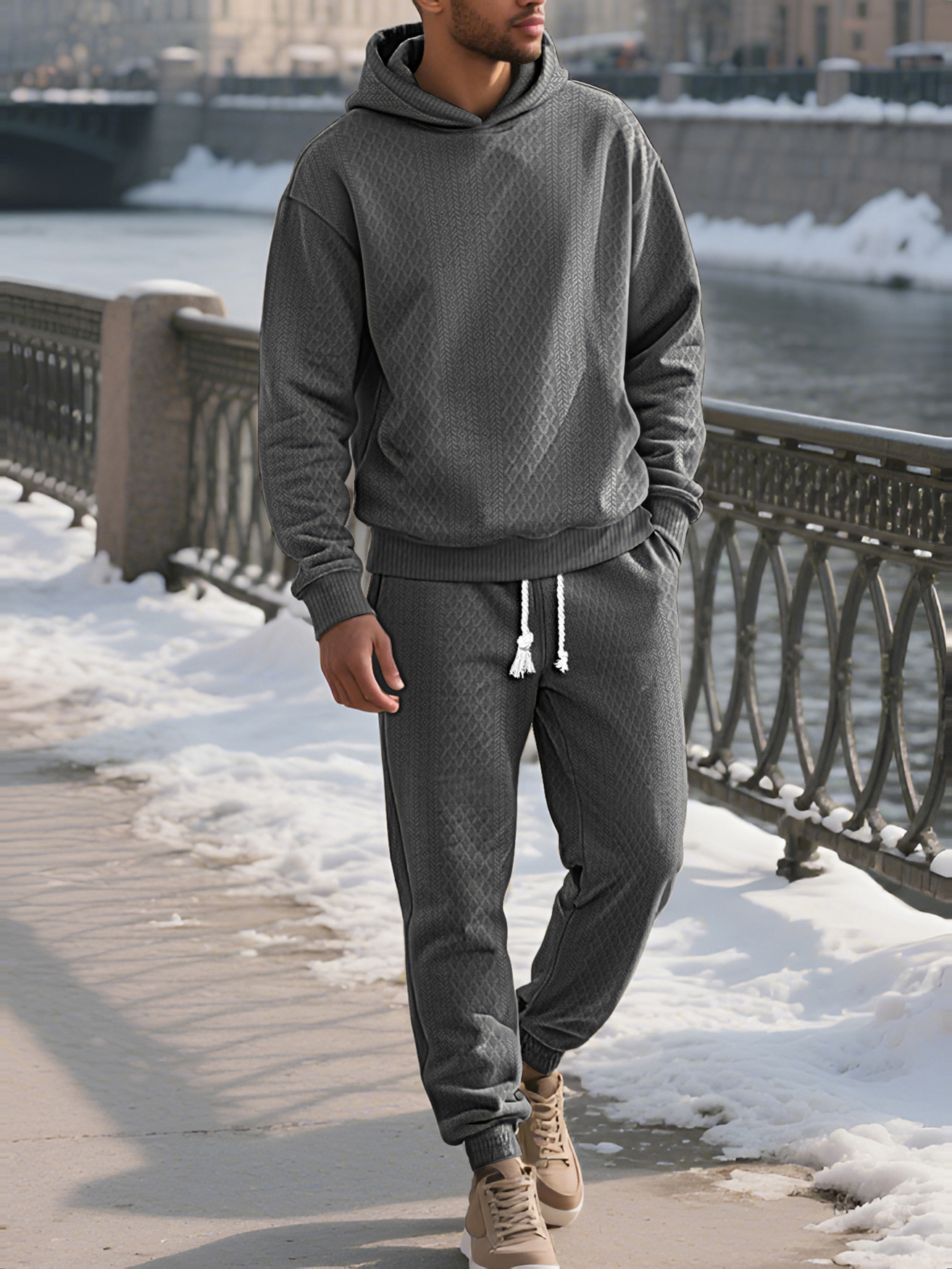 Men's Ribbed Hooded Pullover and Jogger Set - Charcoal Grey