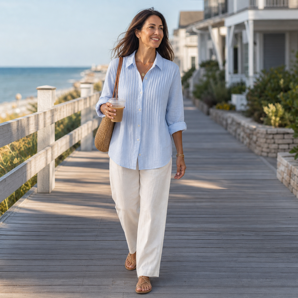 Woman in a soft blue pleated cotton-linen shirt walking along a coastal boardwalk with iced coffee