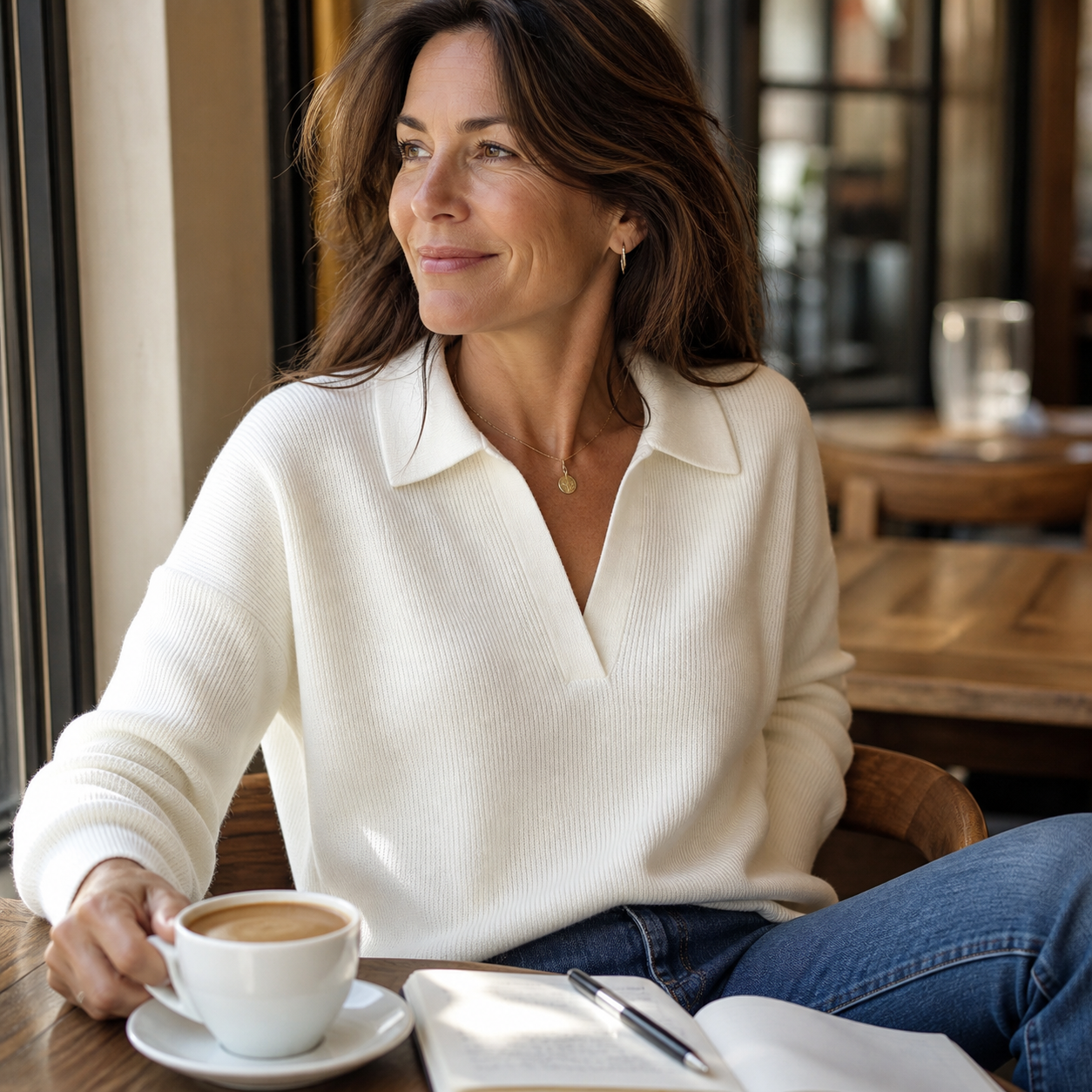Ivory rib-knit polo sweater at a cafe