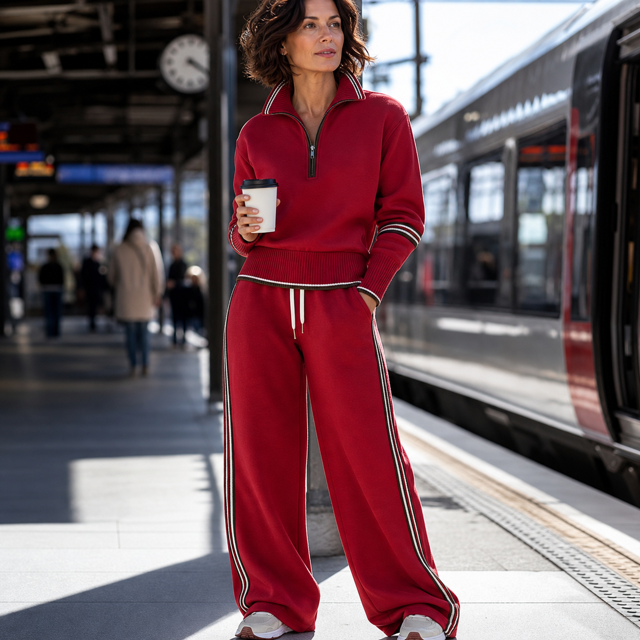 Woman wearing the Red half-zip tracksuit set at a train platform