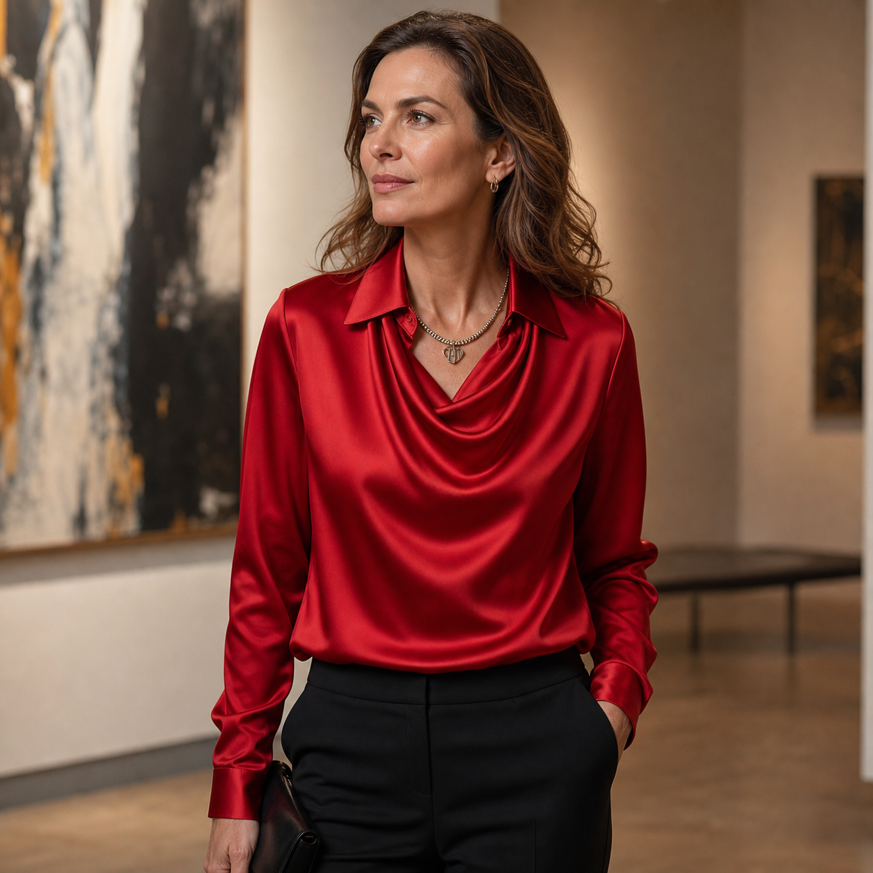 Woman in the Red satin blouse at an art gallery with black trousers