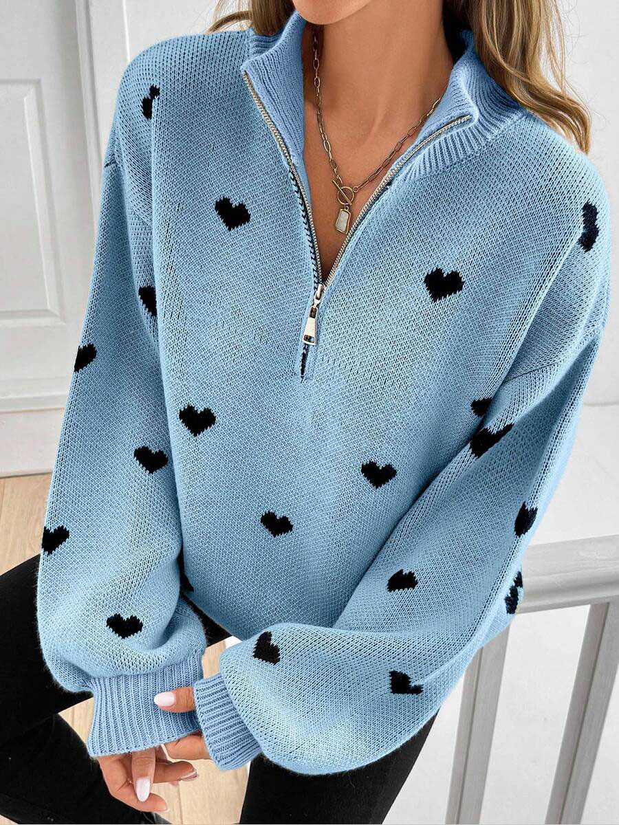 Women's Heart-Motif Half-Zip Knit Sweater - Light Blue