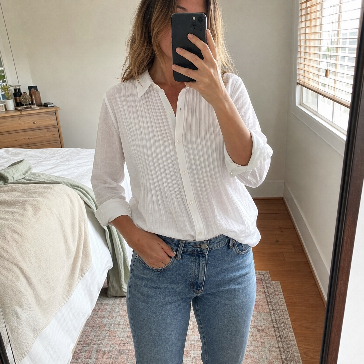 Customer mirror selfie in the white pleated cotton-linen shirt