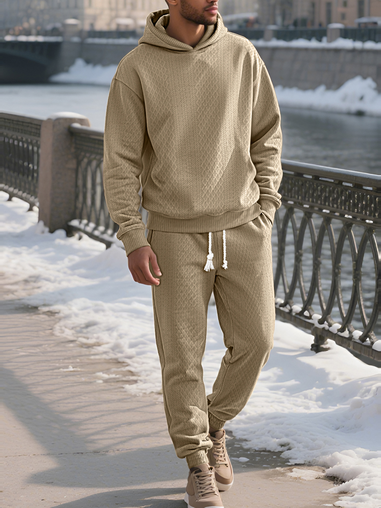 Men's Ribbed Hooded Pullover and Jogger Set - Sand Beige