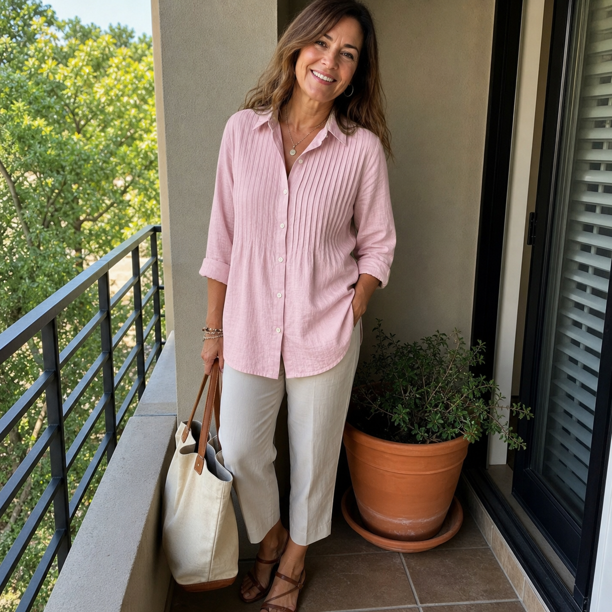 Customer wearing the pale pink pleated shirt on an apartment balcony