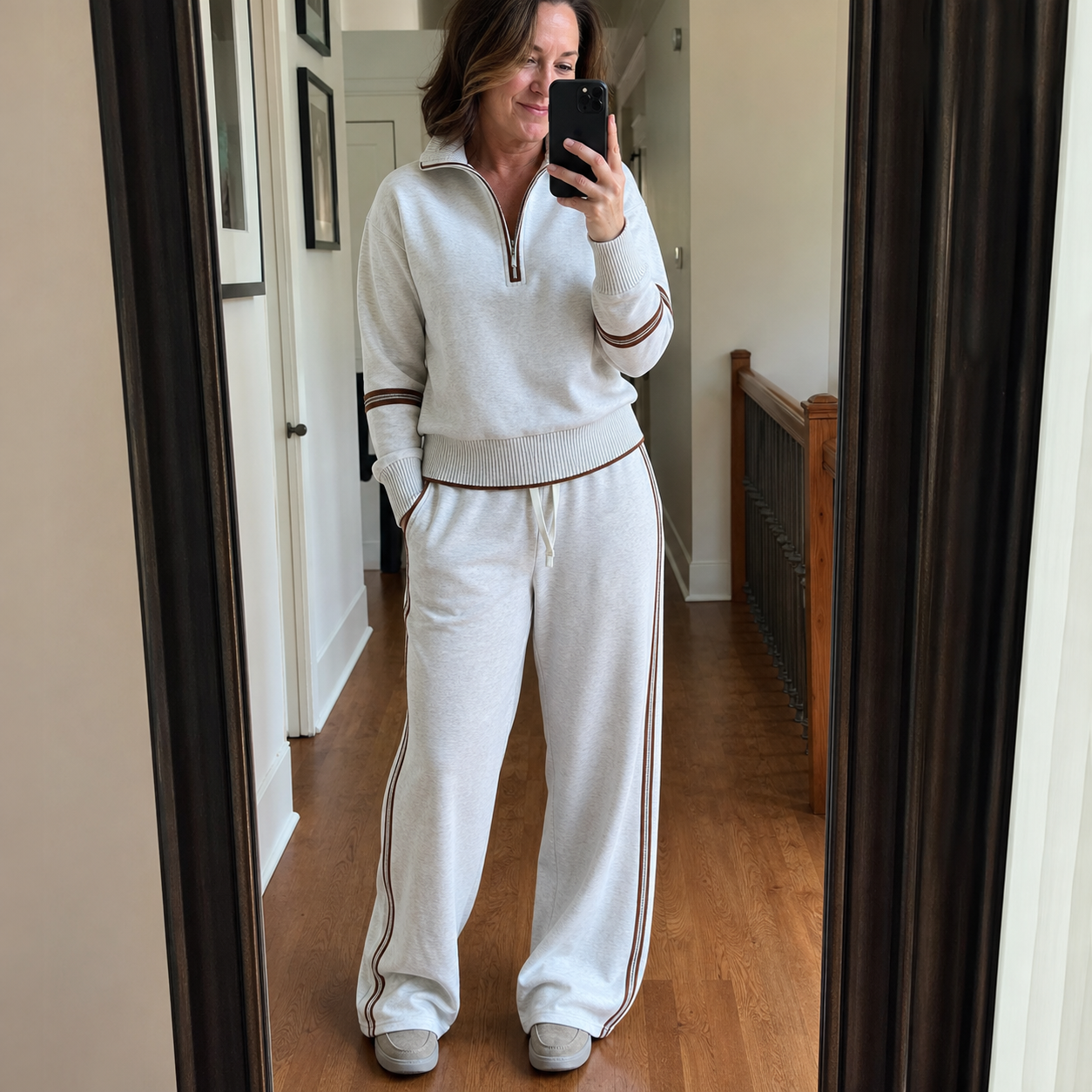 Customer mirror selfie in the Gray White tracksuit set