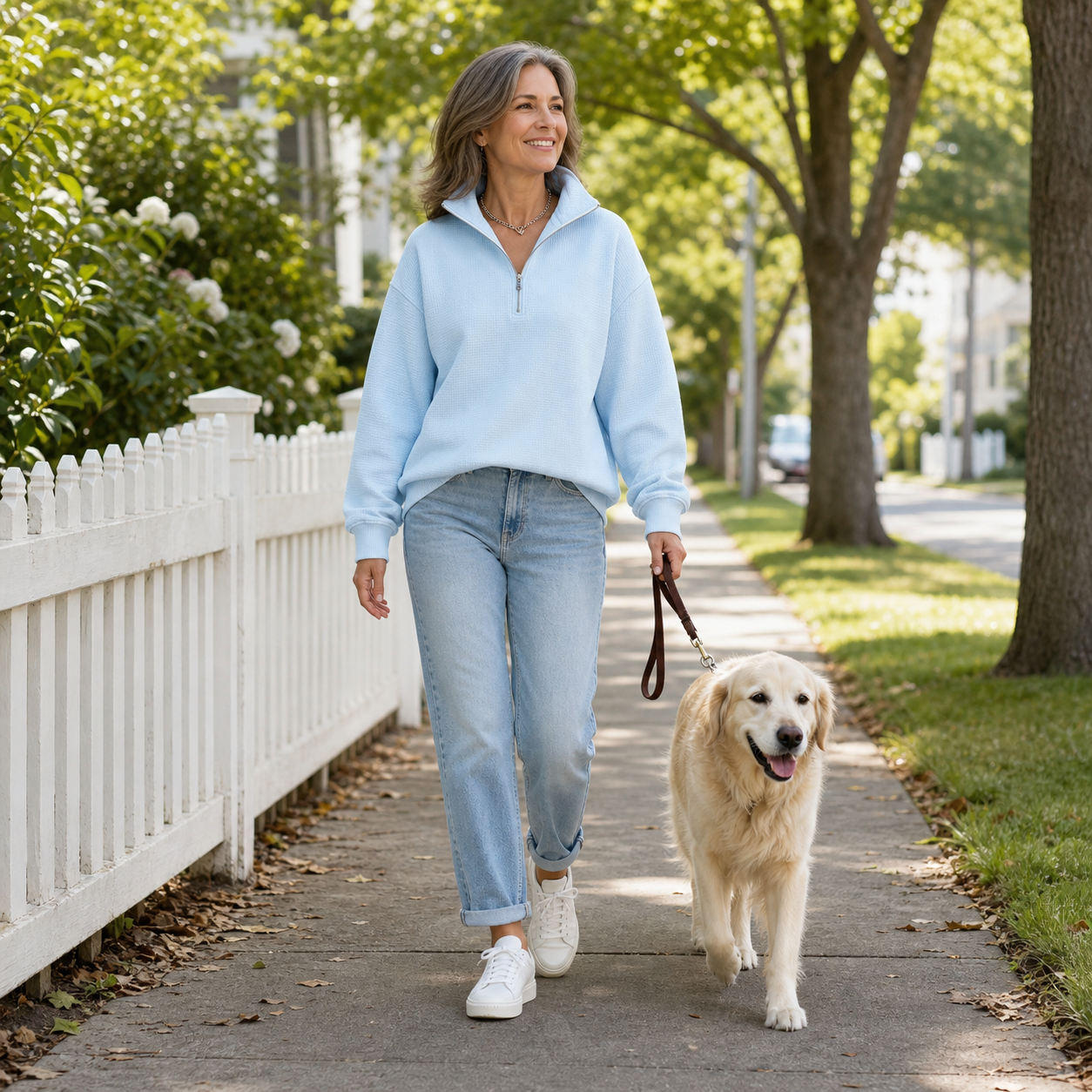 Woman wearing blue waffle quarter zip walking a dog