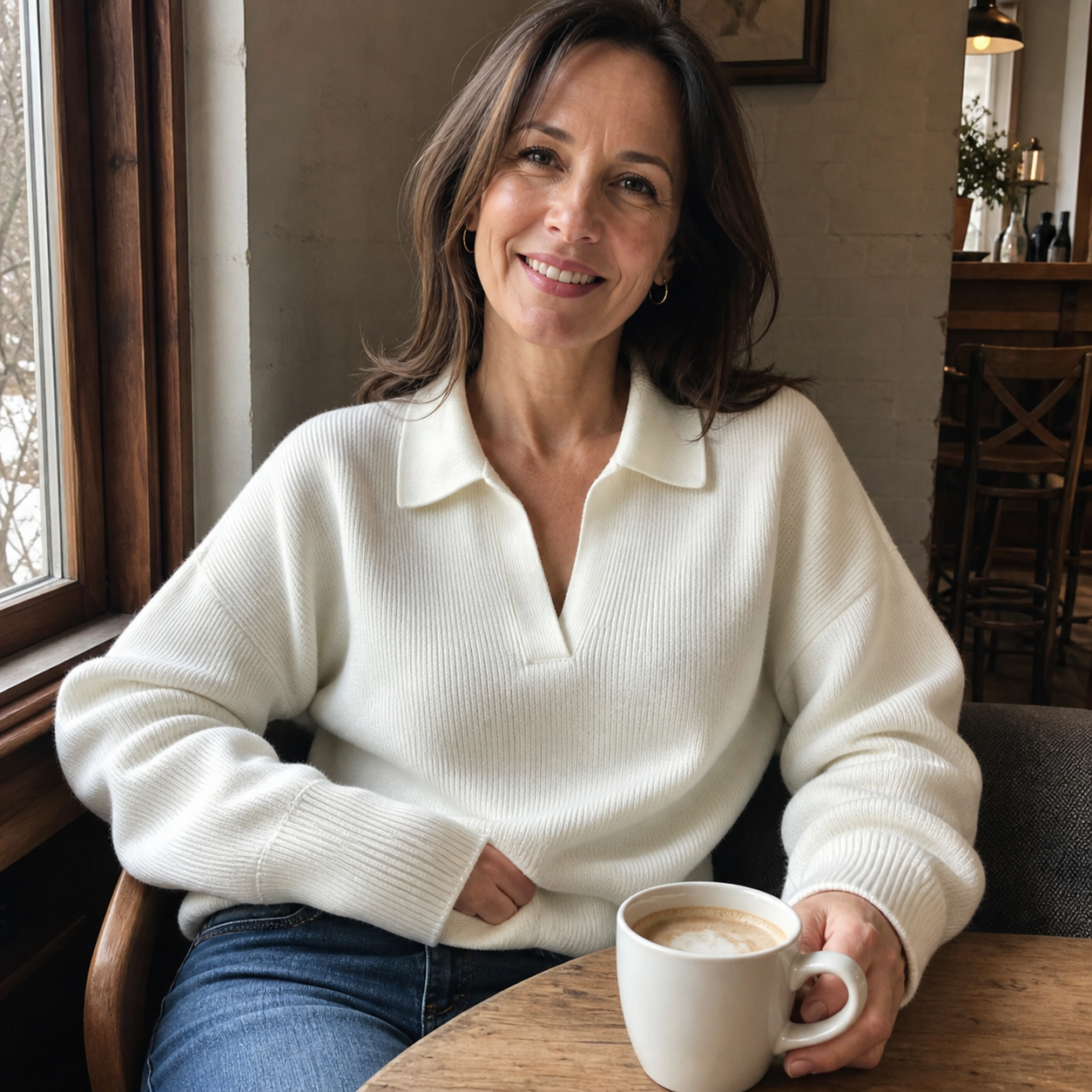 Ivory rib-knit polo sweater in a customer cafe photo