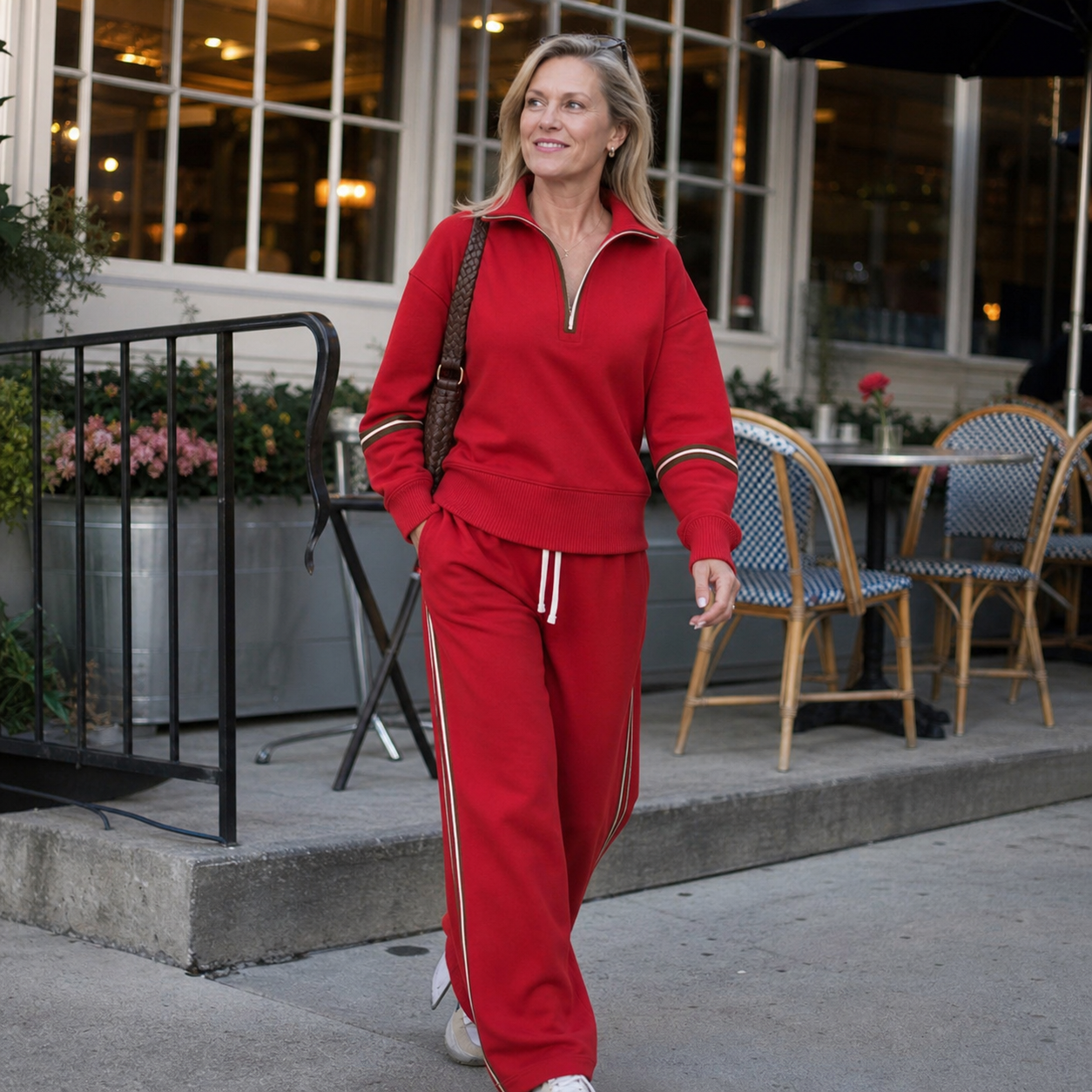 Customer wearing the Red tracksuit set outside a cafe