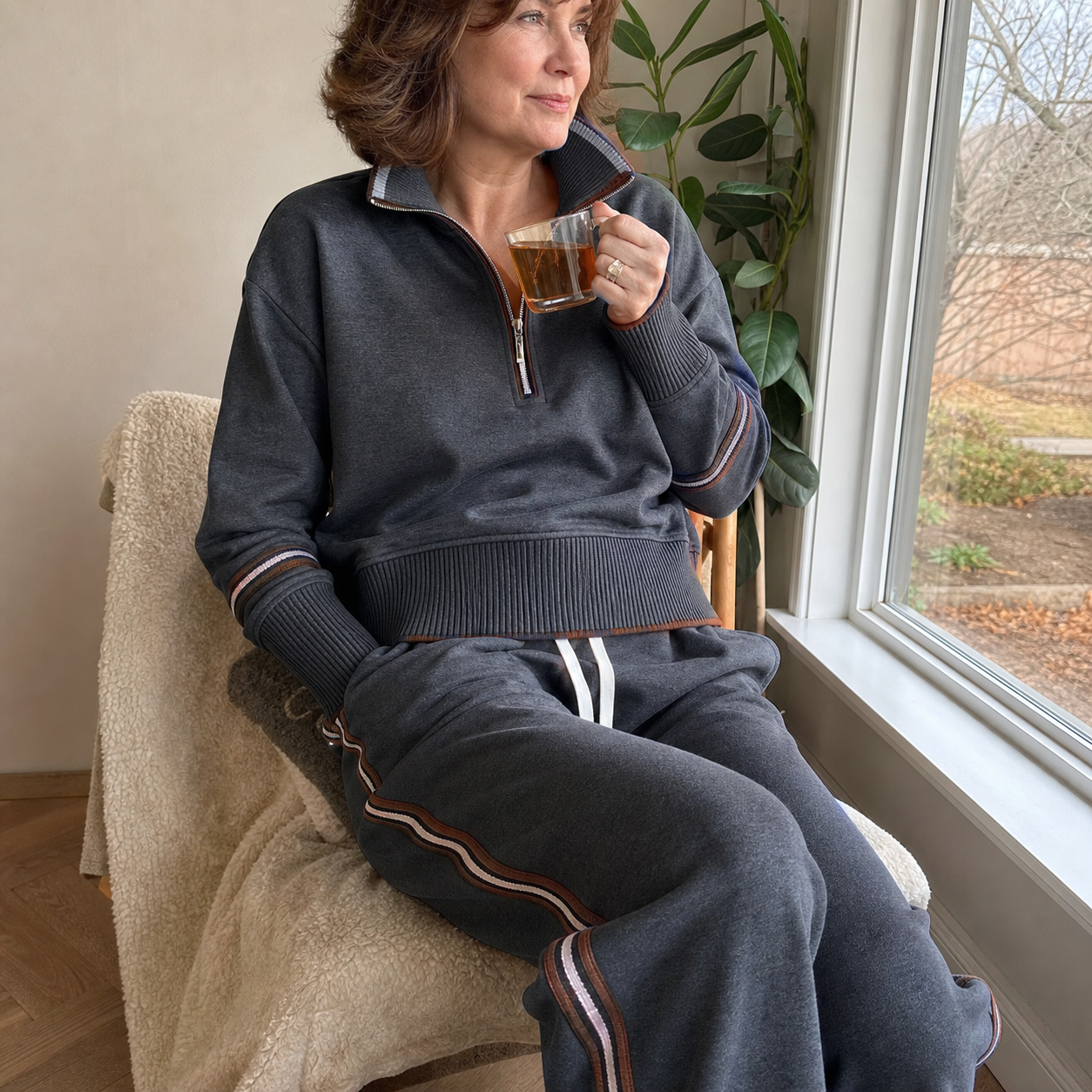 Customer relaxing at home in the Dark Gray tracksuit set