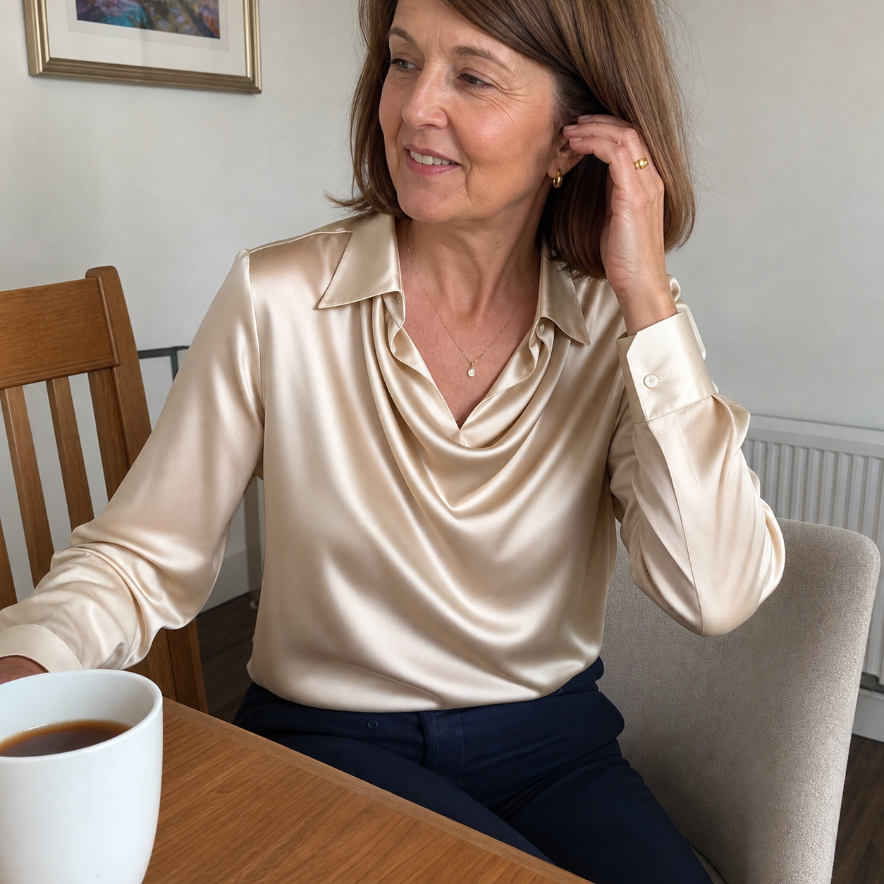 Customer in the Champagne satin blouse at a kitchen table