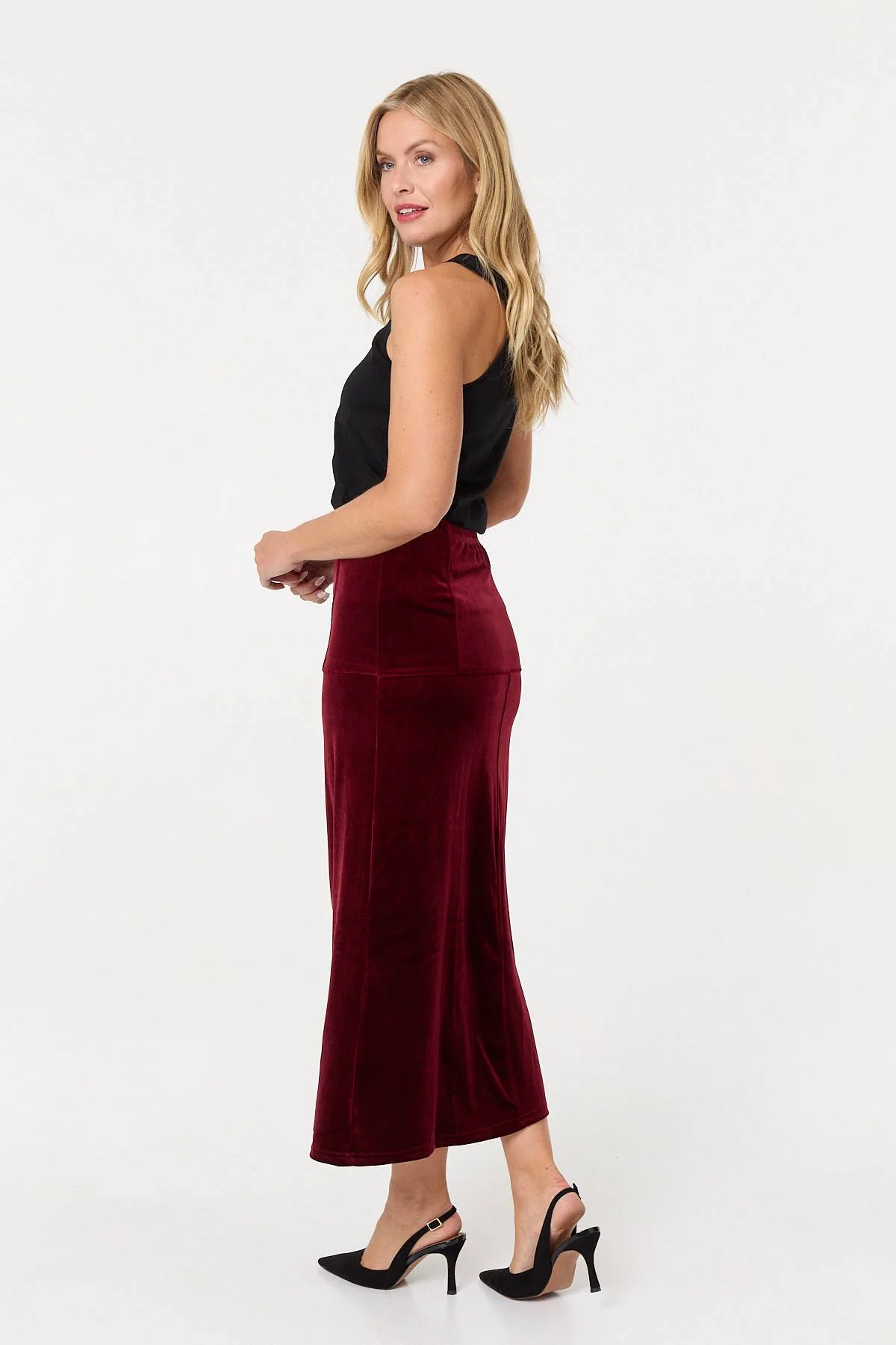 Velour Texture High Waist Midi Skirt