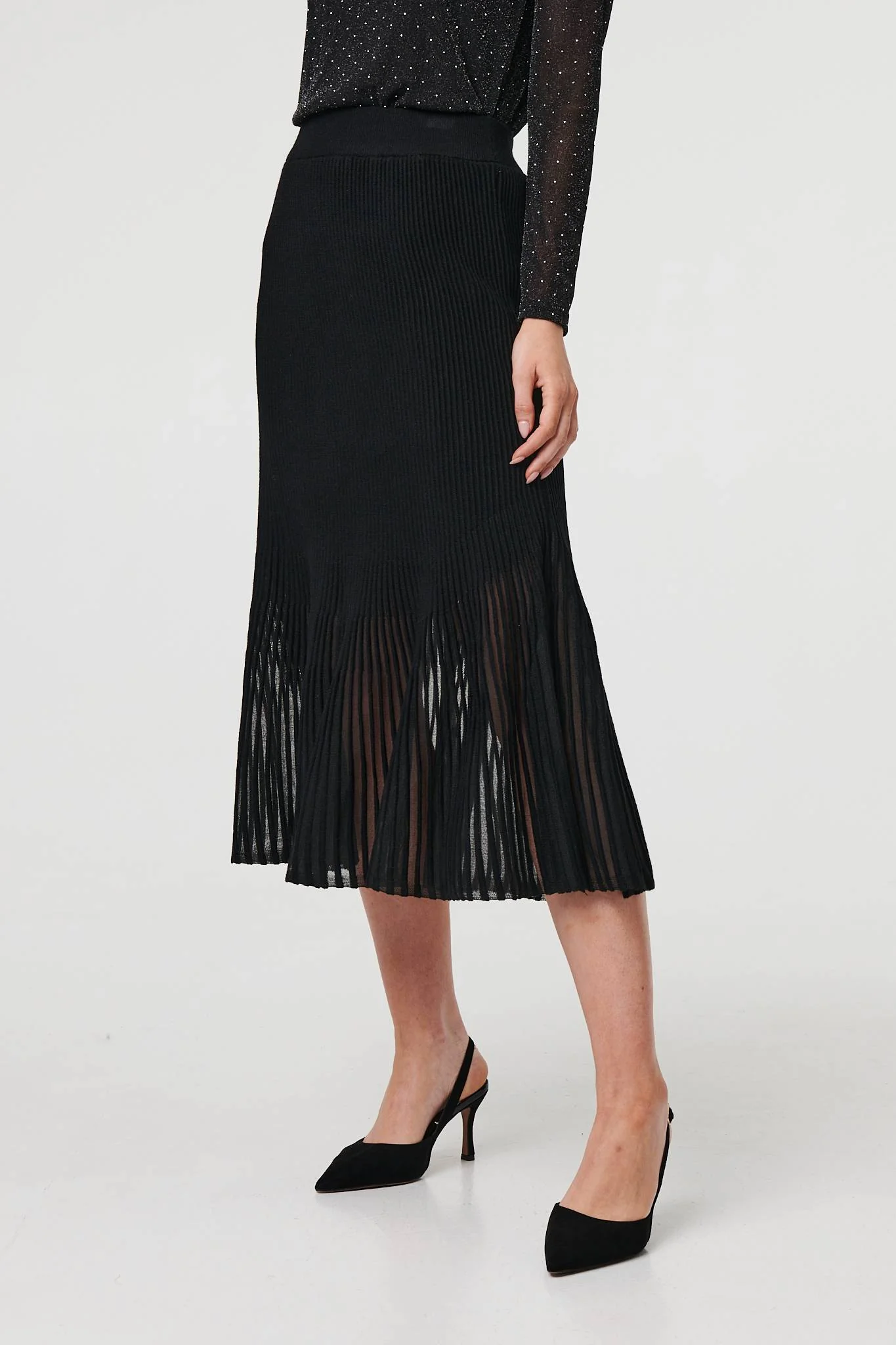 Semi Sheer Pleat High Waist Midi Skirt