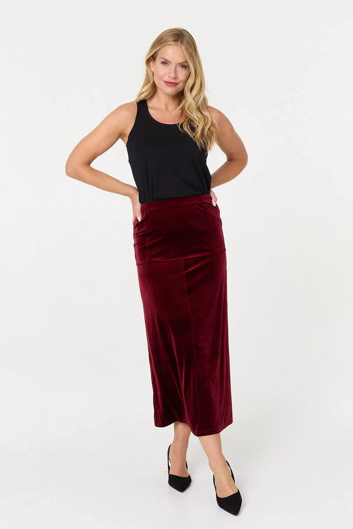 Velour Texture High Waist Midi Skirt