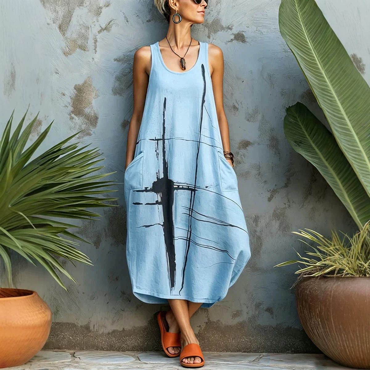 Casual Sleeveless Round Neck Regular Dress With Printing Pattern In Polyester Fabric