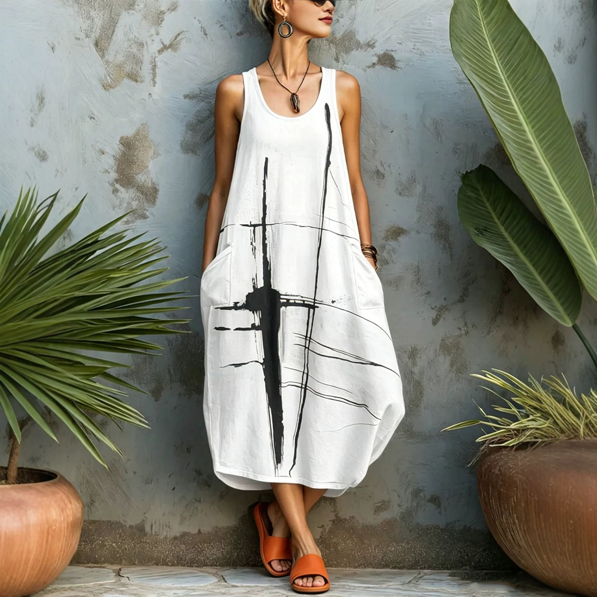 Casual Sleeveless Round Neck Regular Dress With Printing Pattern In Polyester Fabric