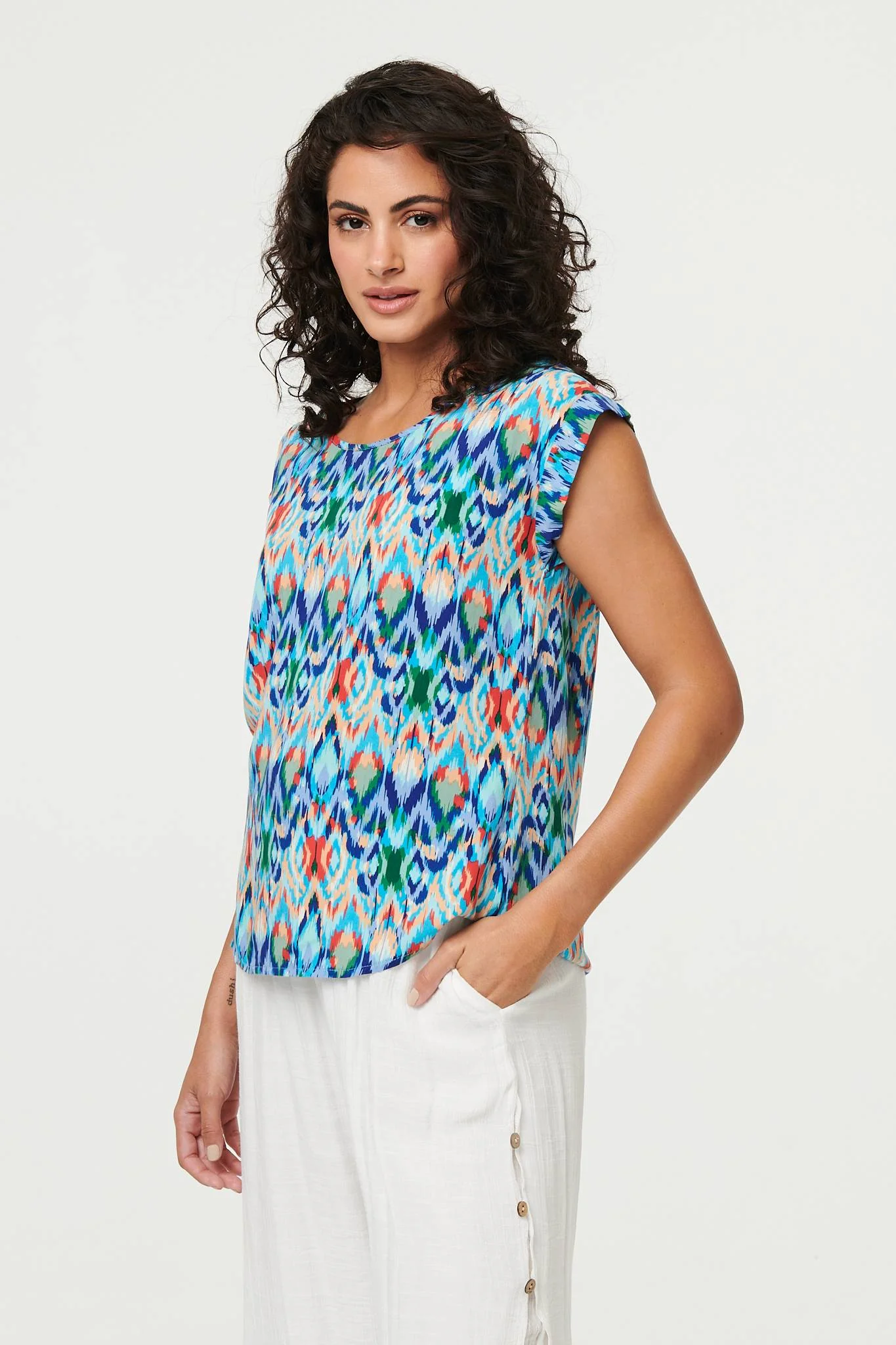 Printed Cap Sleeve Relaxed Blouse Top