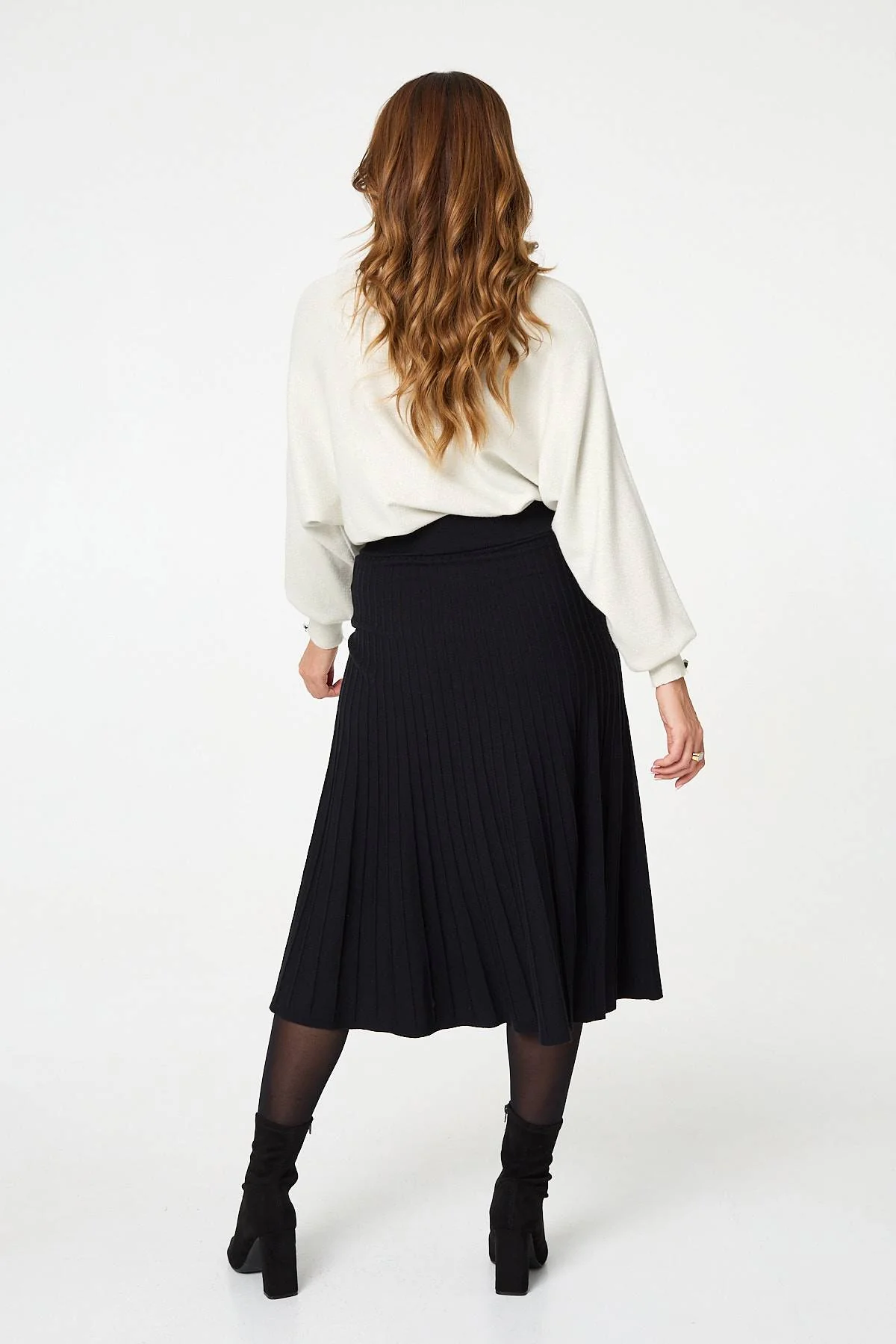 High Waist Pleated Knit Midi Skirt