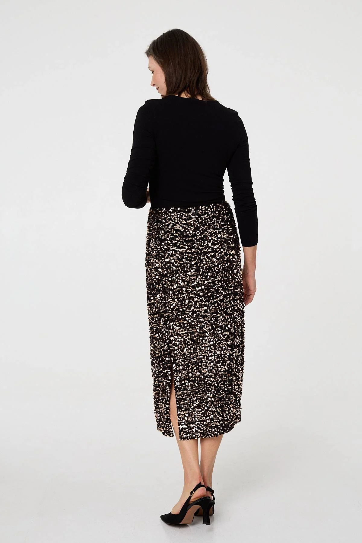 Sequin Embellished High Waist Midi Skirt