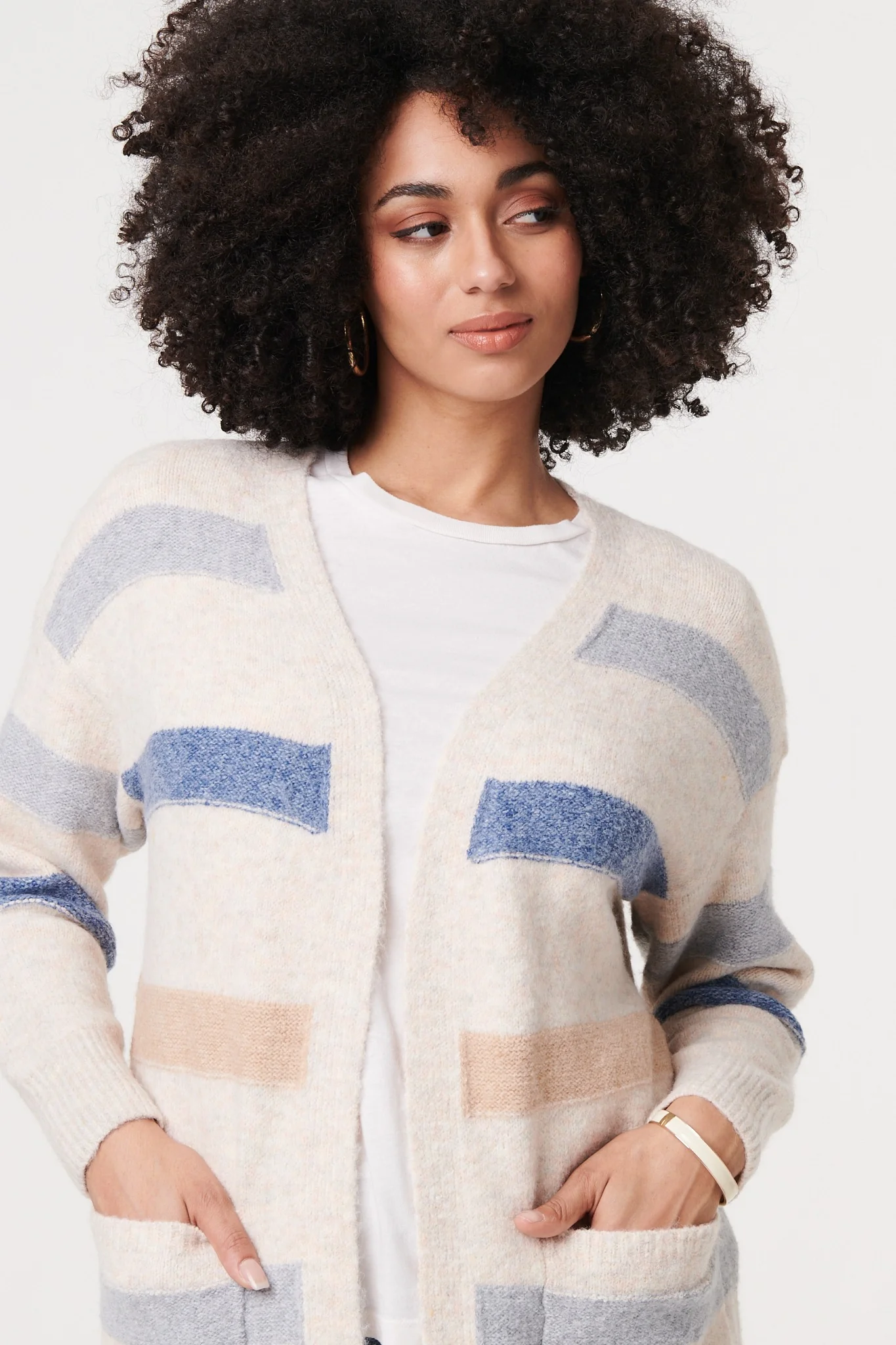 Striped V-Neck Longline Relaxed Cardigan