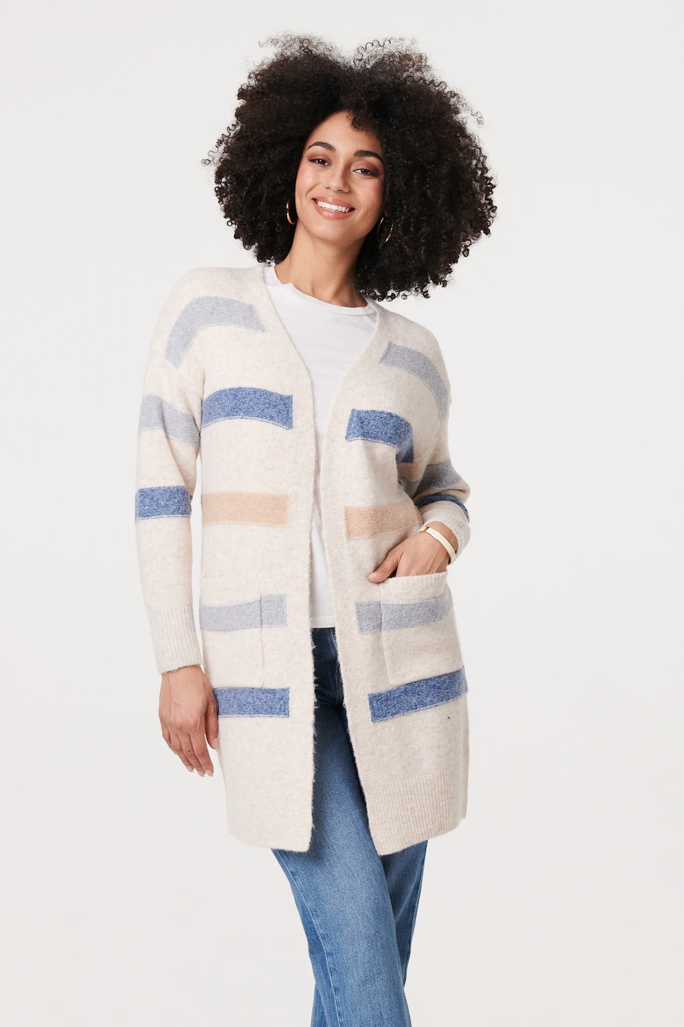 Striped V-Neck Longline Relaxed Cardigan