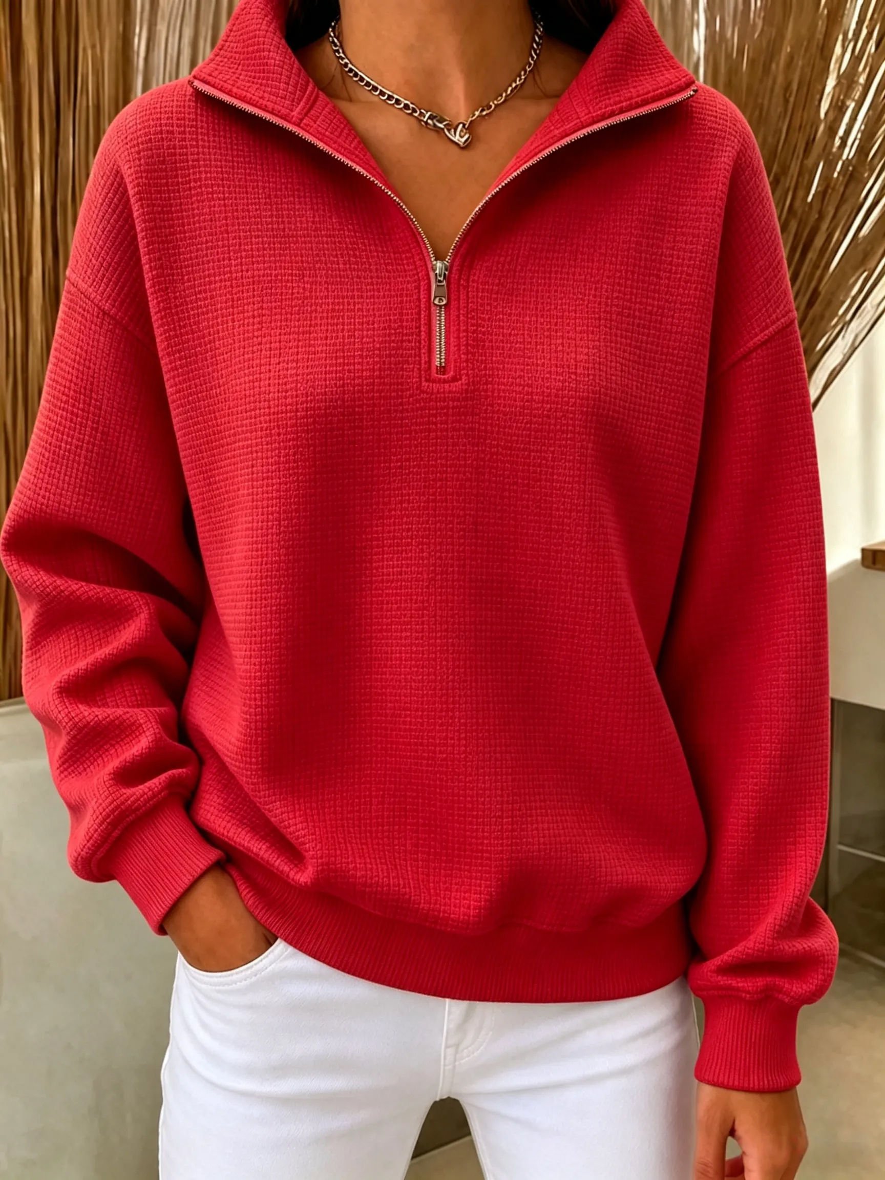CLEARANCE SALE🔥Women's Waffle Knit Quarter-Zip Sweatshirt - Red