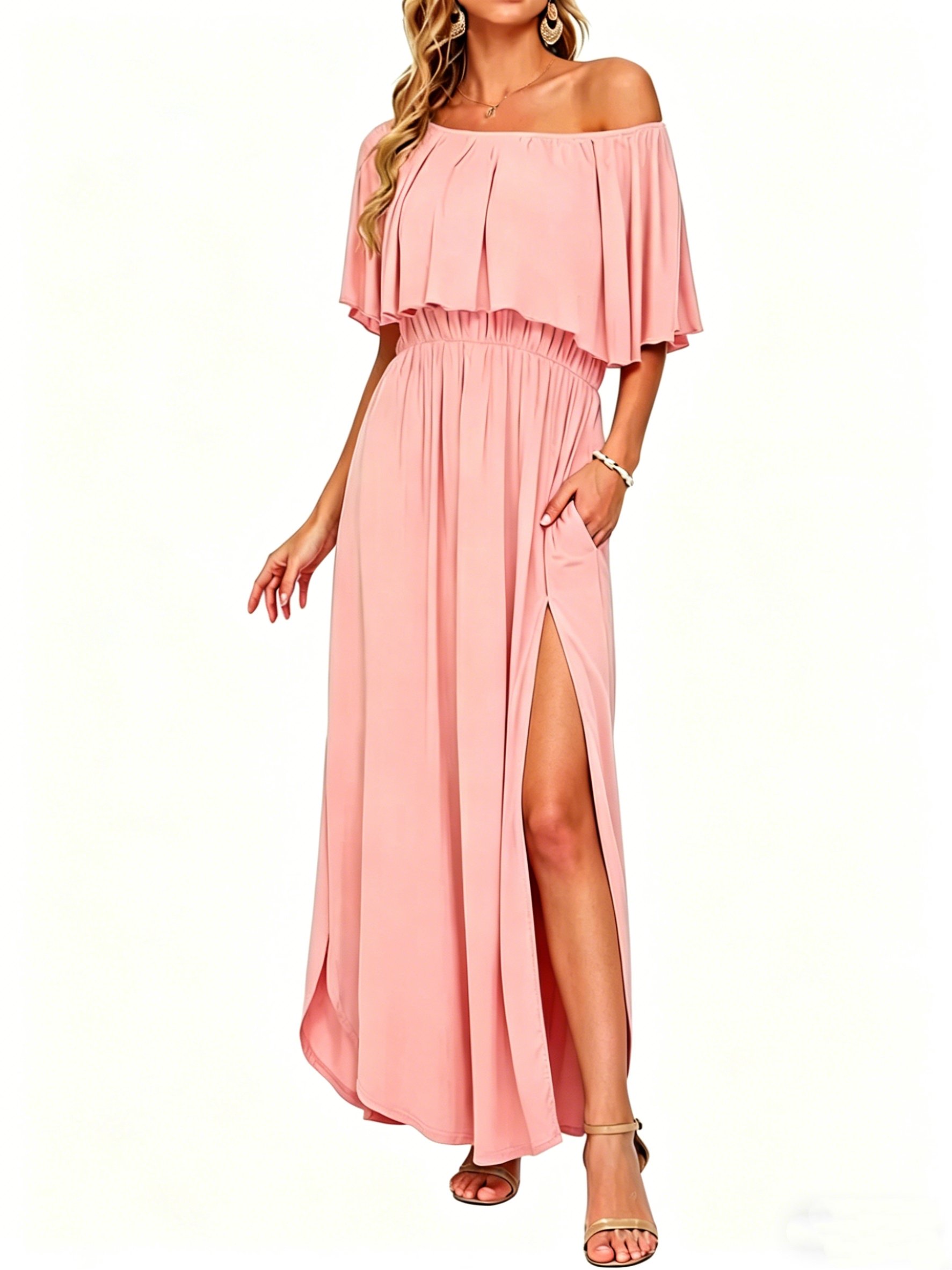 🔥Women's Off The Shoulder Dress Wedding Guest Dress Summer Casual Long Ruffle Party Side Split Beach Maxi Dresses
