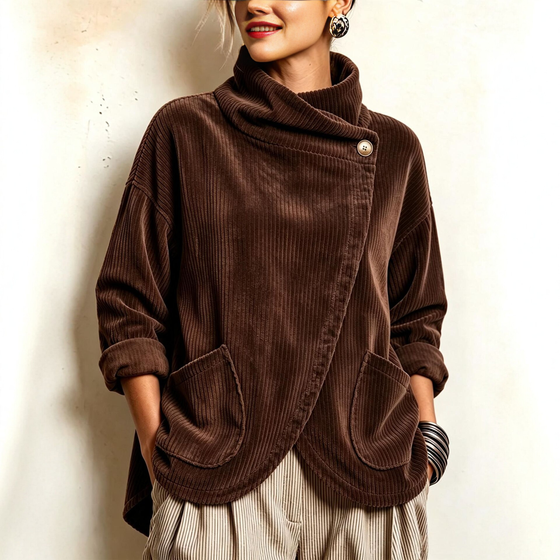 🤲LAST DAY SAVE 50% ⏰Cozy Asymmetric Button-Accented Corduroy Top