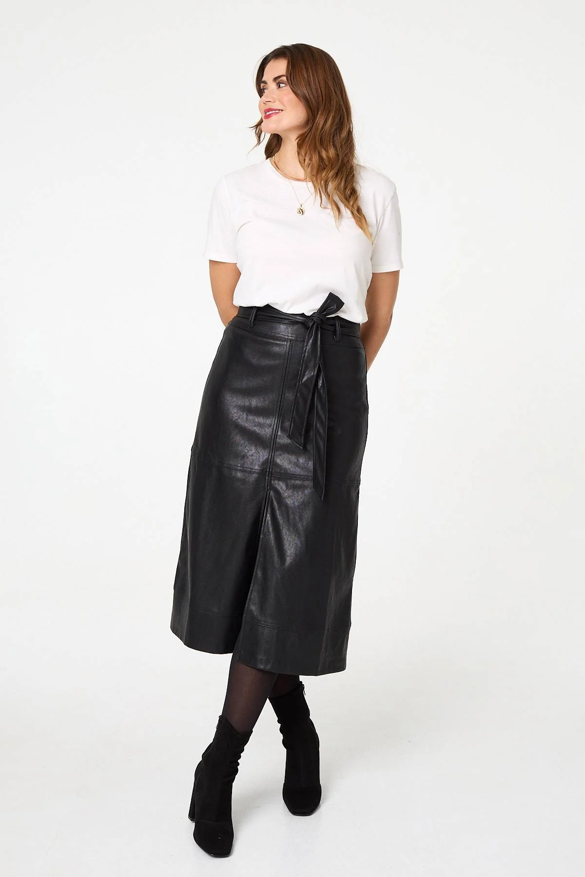 Faux Leather Tie Waist A-Line Midi Skirt