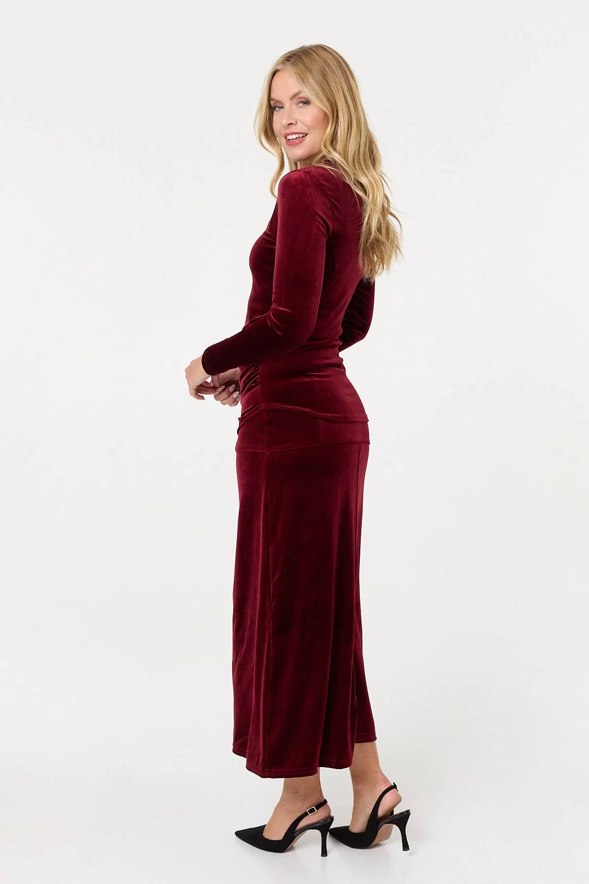 Velour Texture High Waist Midi Skirt