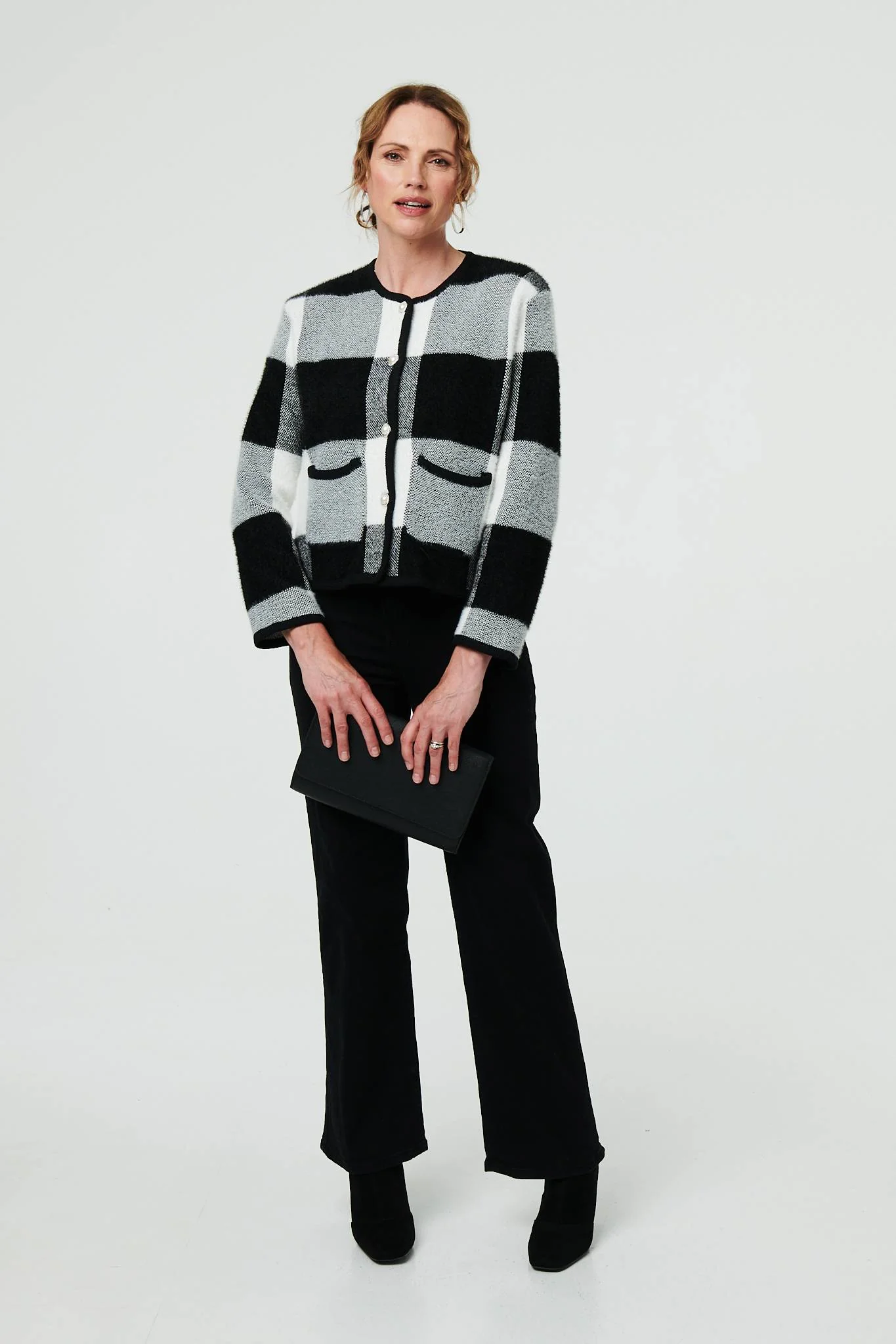 Checkered Long Sleeve Cropped Cardigan