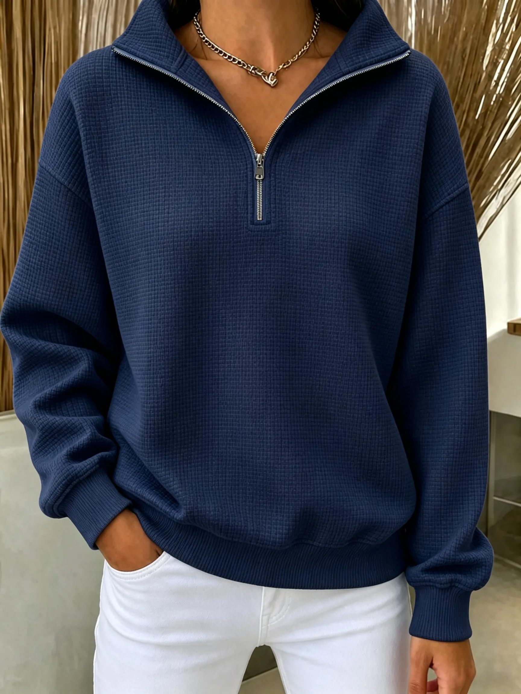 CLEARANCE SALE🔥Women's Waffle Knit Quarter-Zip Sweatshirt - Navy