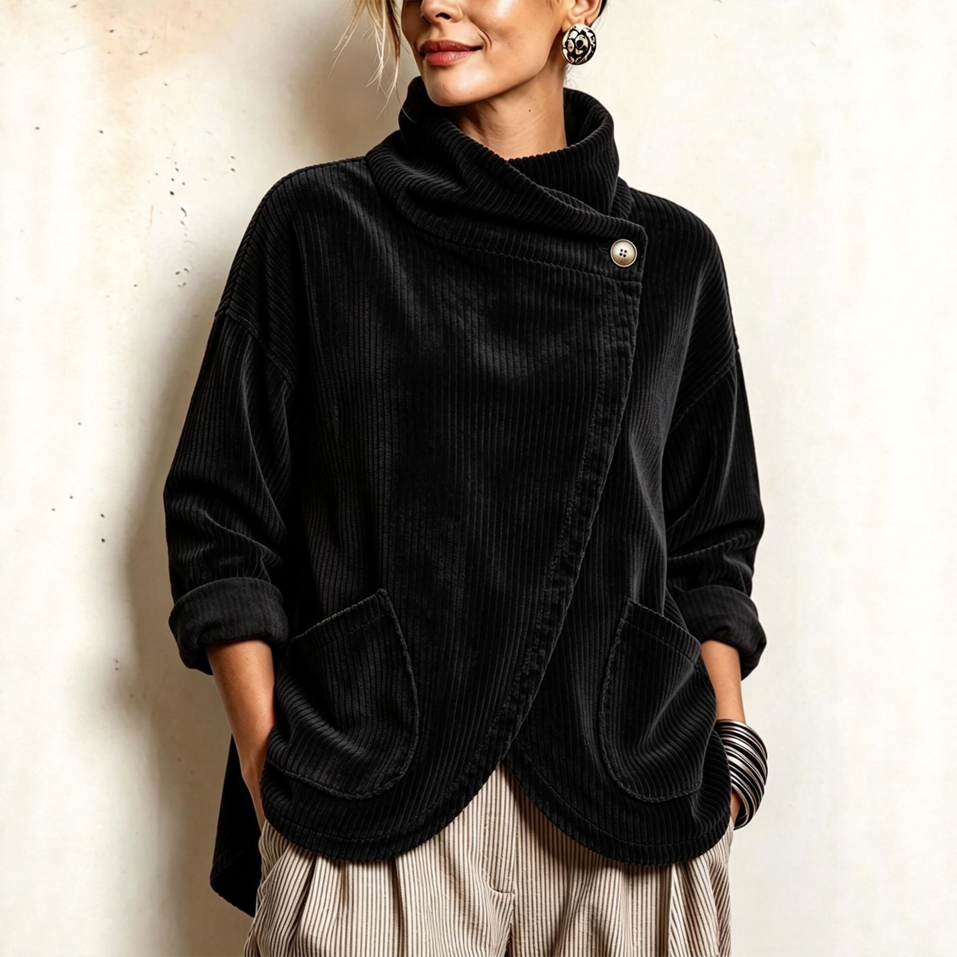 🤲LAST DAY SAVE 50% ⏰Cozy Asymmetric Button-Accented Corduroy Top