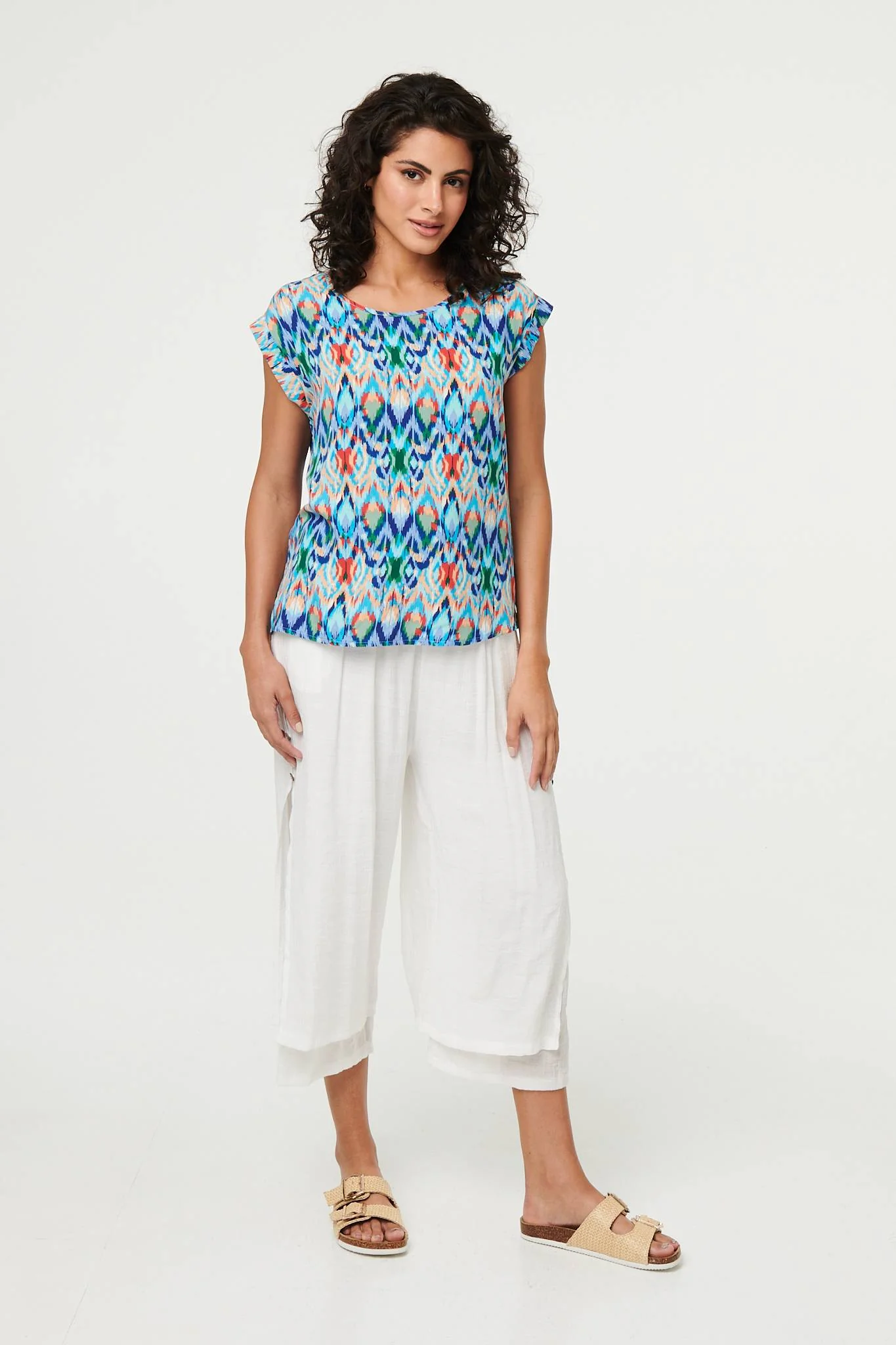 Printed Cap Sleeve Relaxed Blouse Top