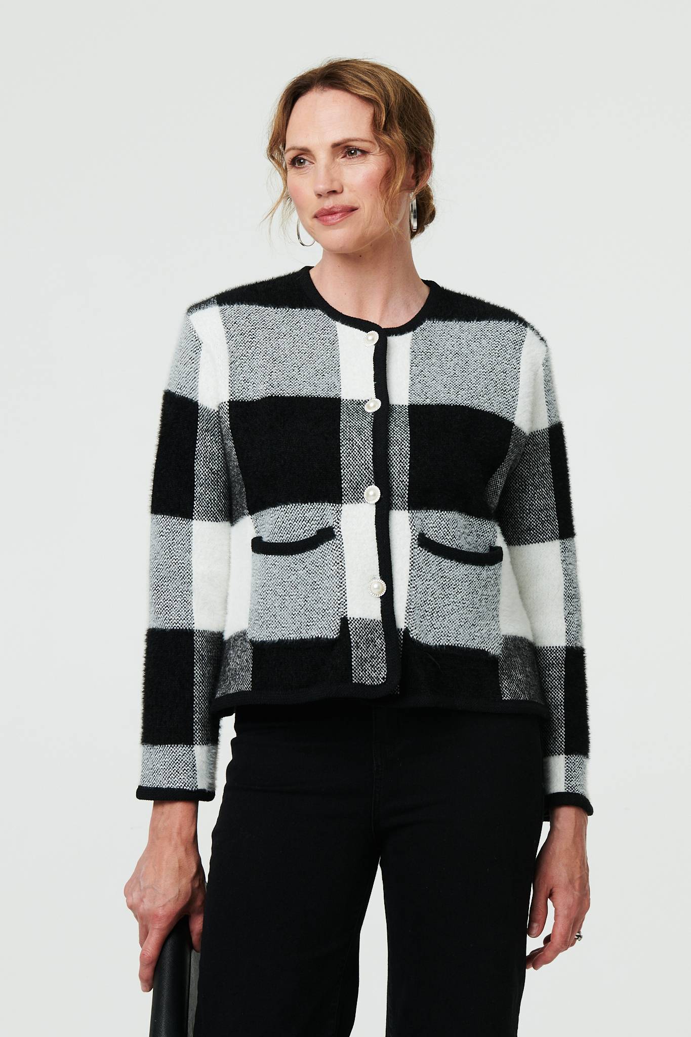 Checkered Long Sleeve Cropped Cardigan