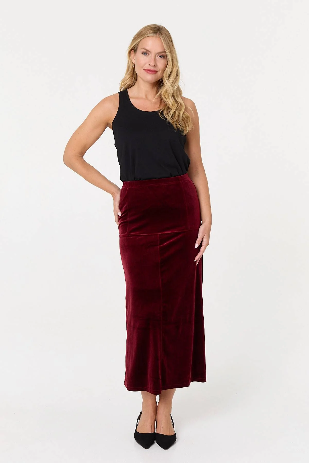 Velour Texture High Waist Midi Skirt