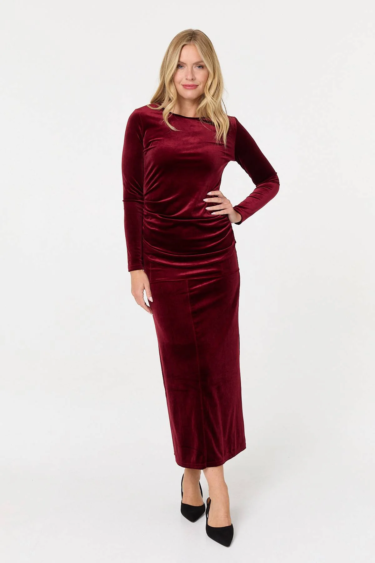 Velour Texture High Waist Midi Skirt