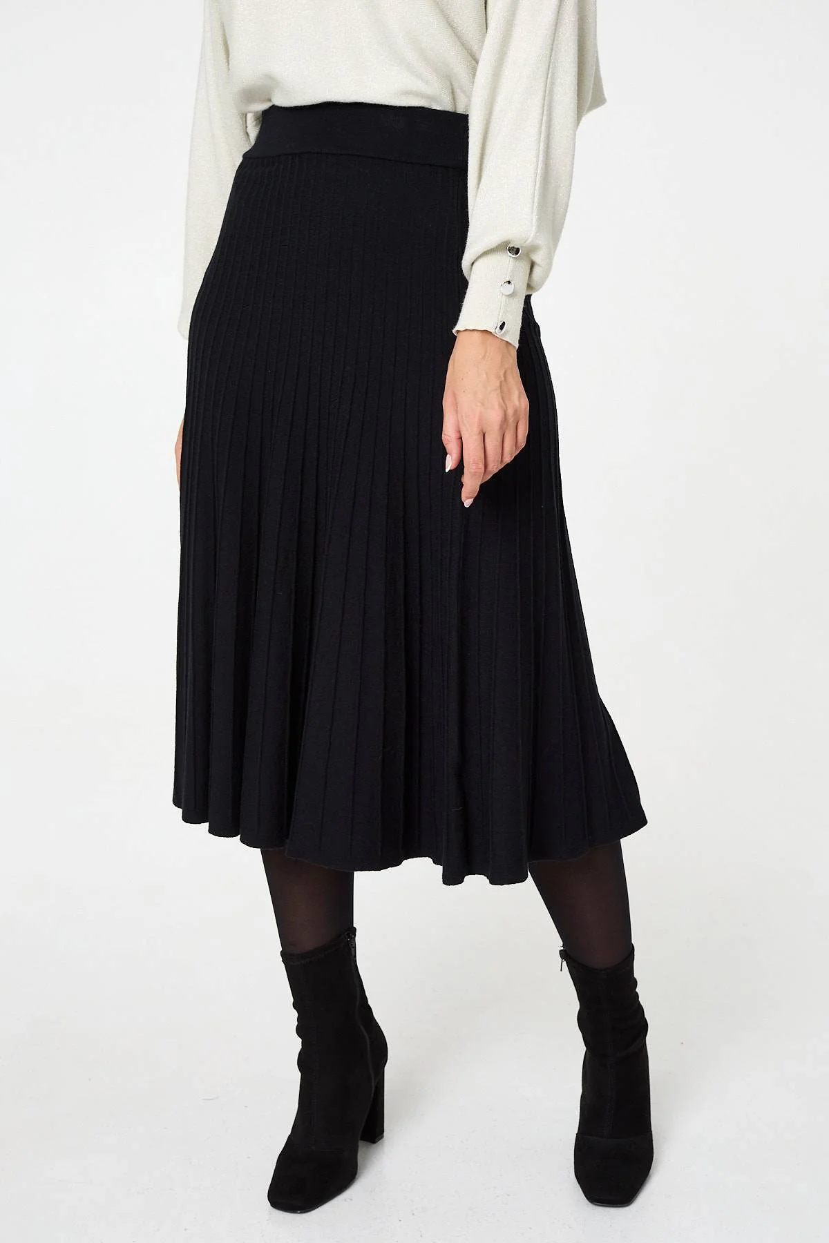 High Waist Pleated Knit Midi Skirt