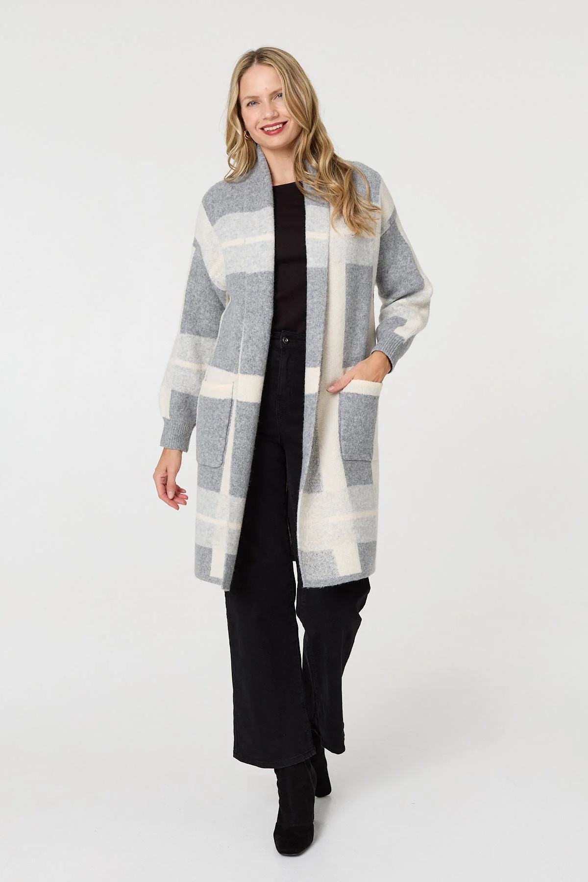 Checked Open Front Longline Cardigan