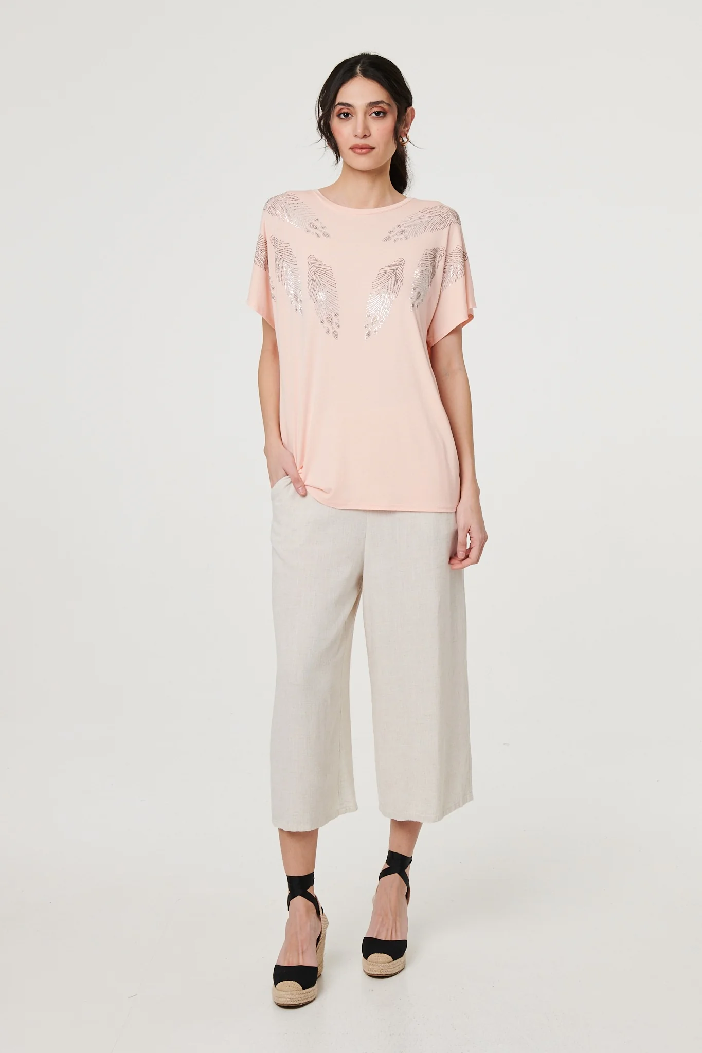 Sparkly Feather Print Relaxed T-Shirt