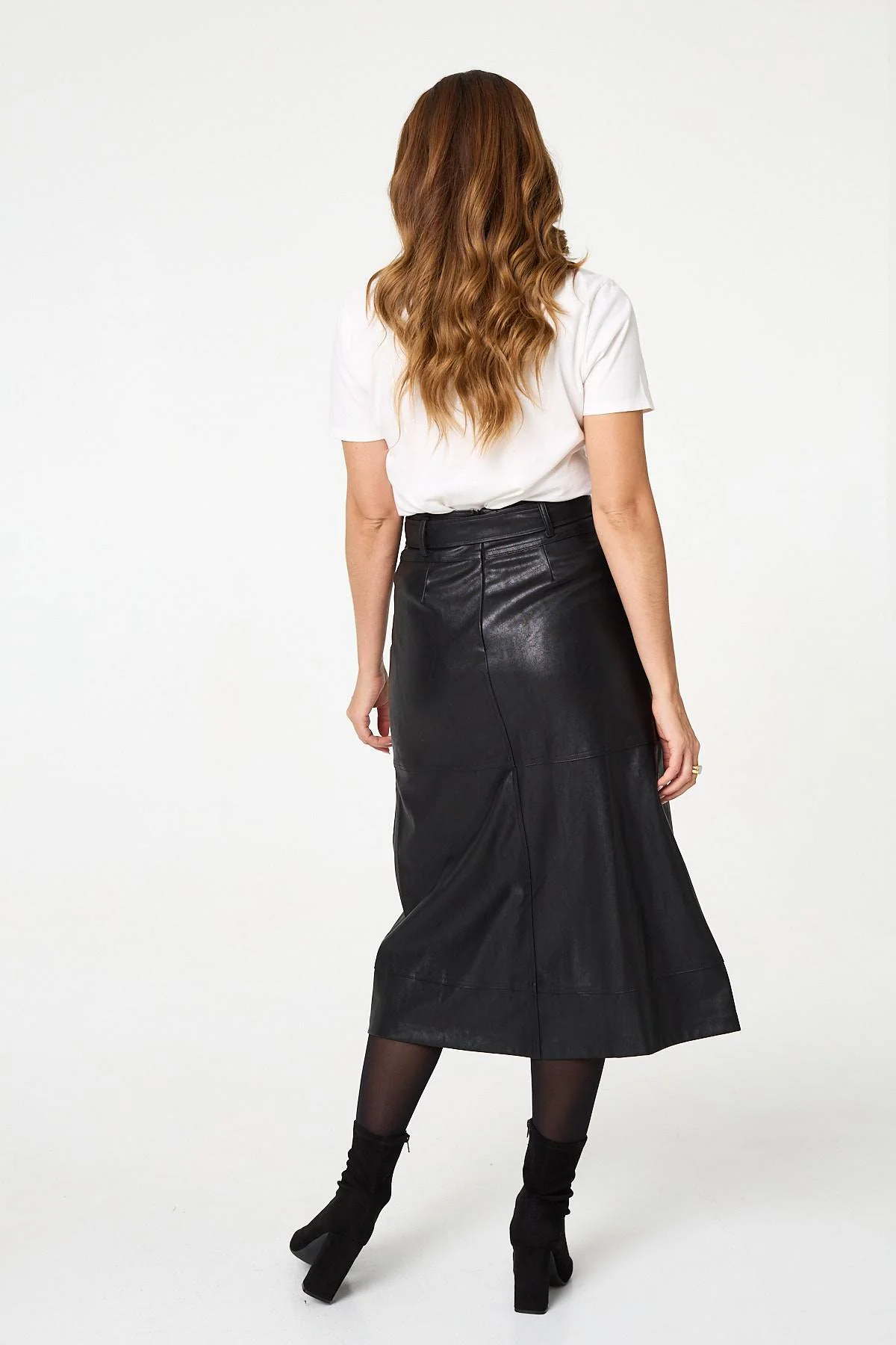 Faux Leather Tie Waist A-Line Midi Skirt