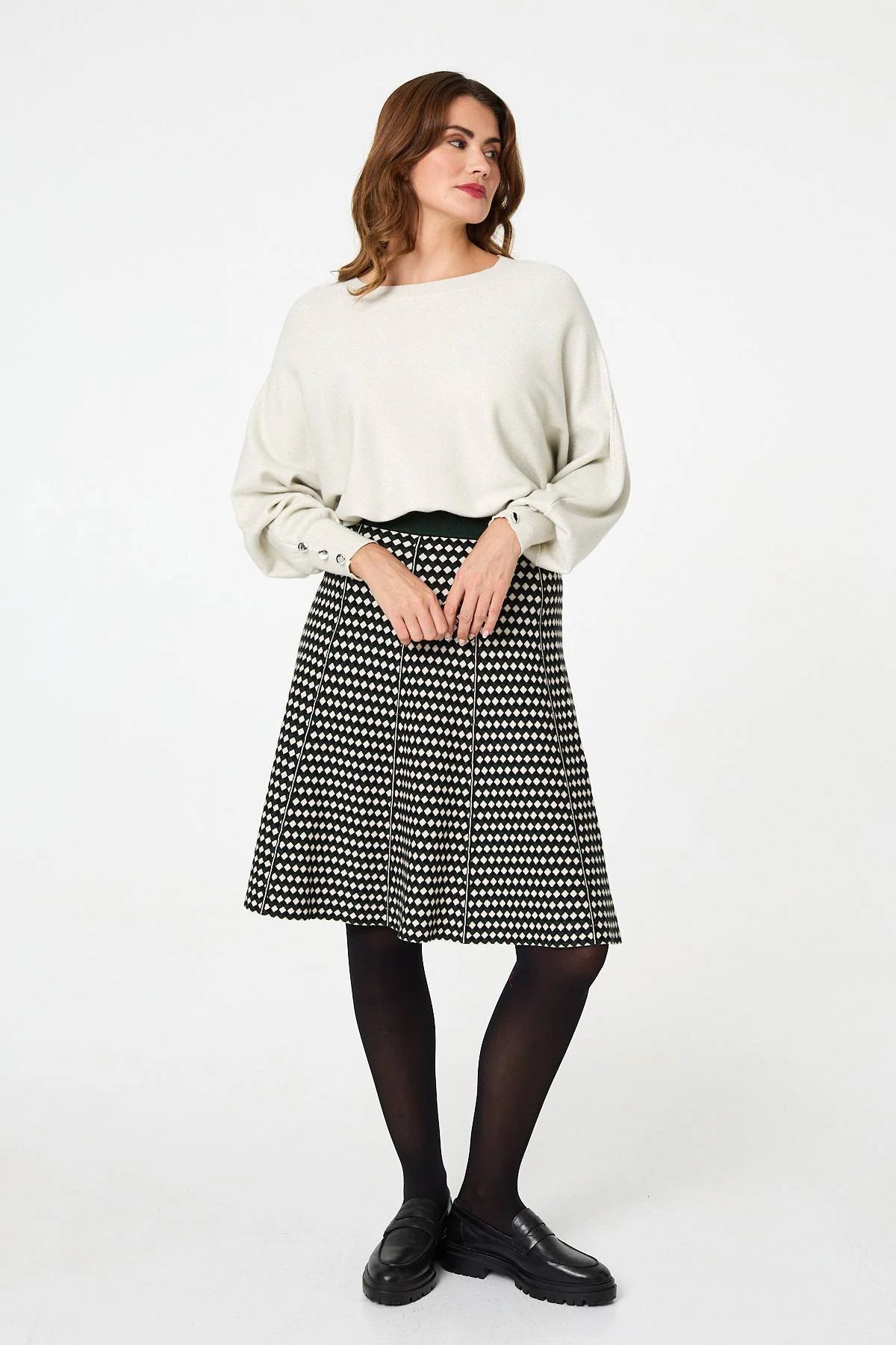 Geo Print High Waist Knee Length Skirt