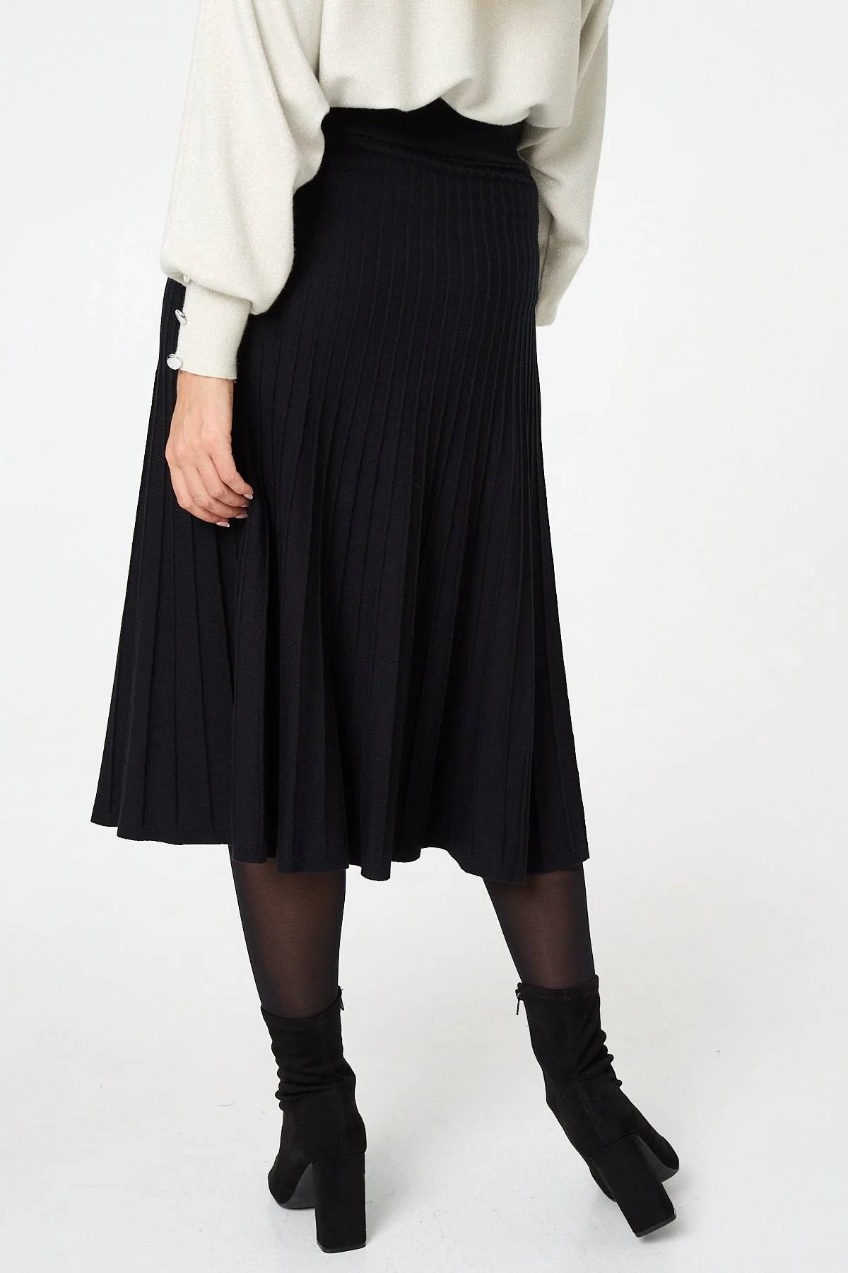 High Waist Pleated Knit Midi Skirt