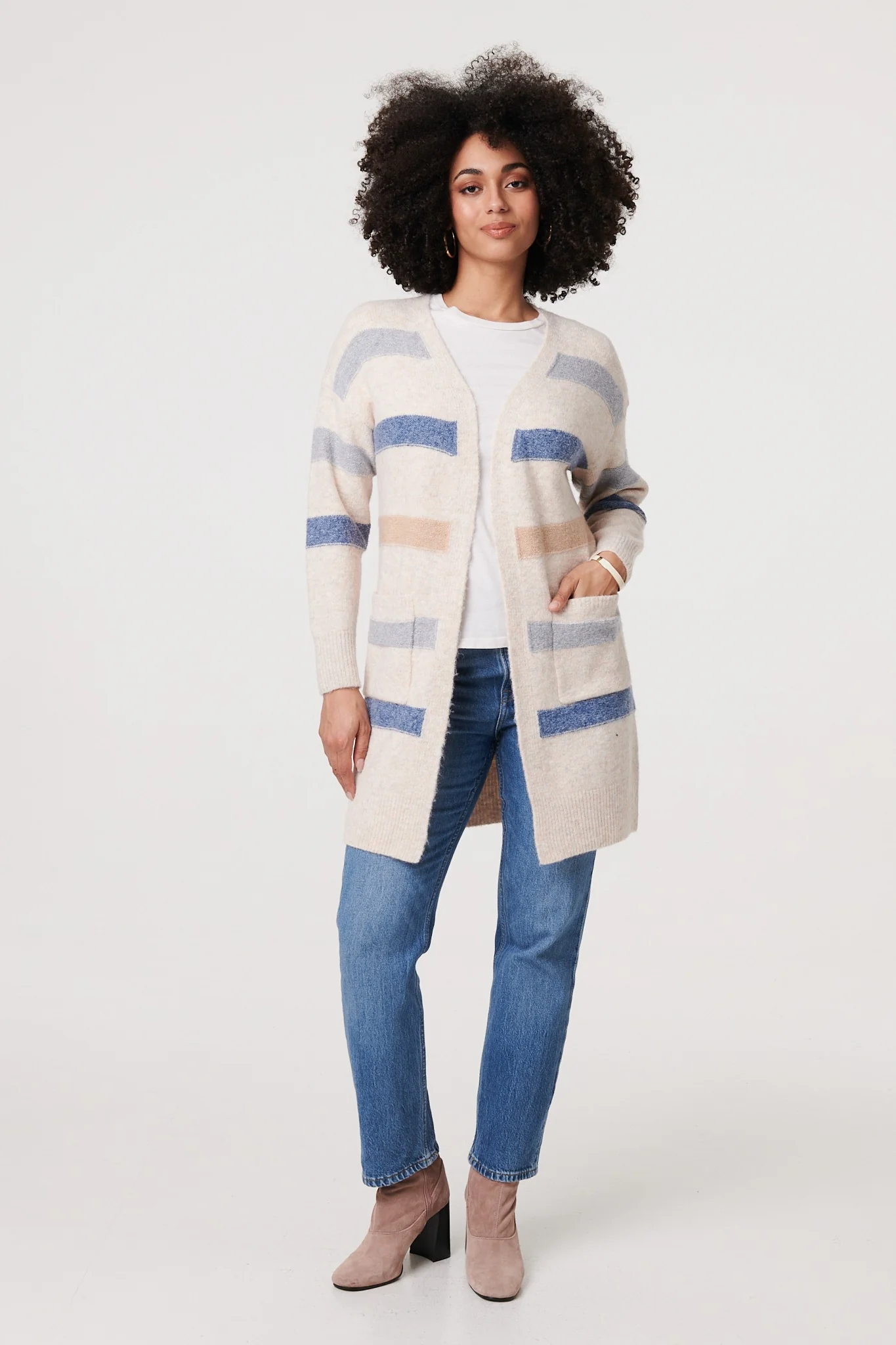 Striped V-Neck Longline Relaxed Cardigan