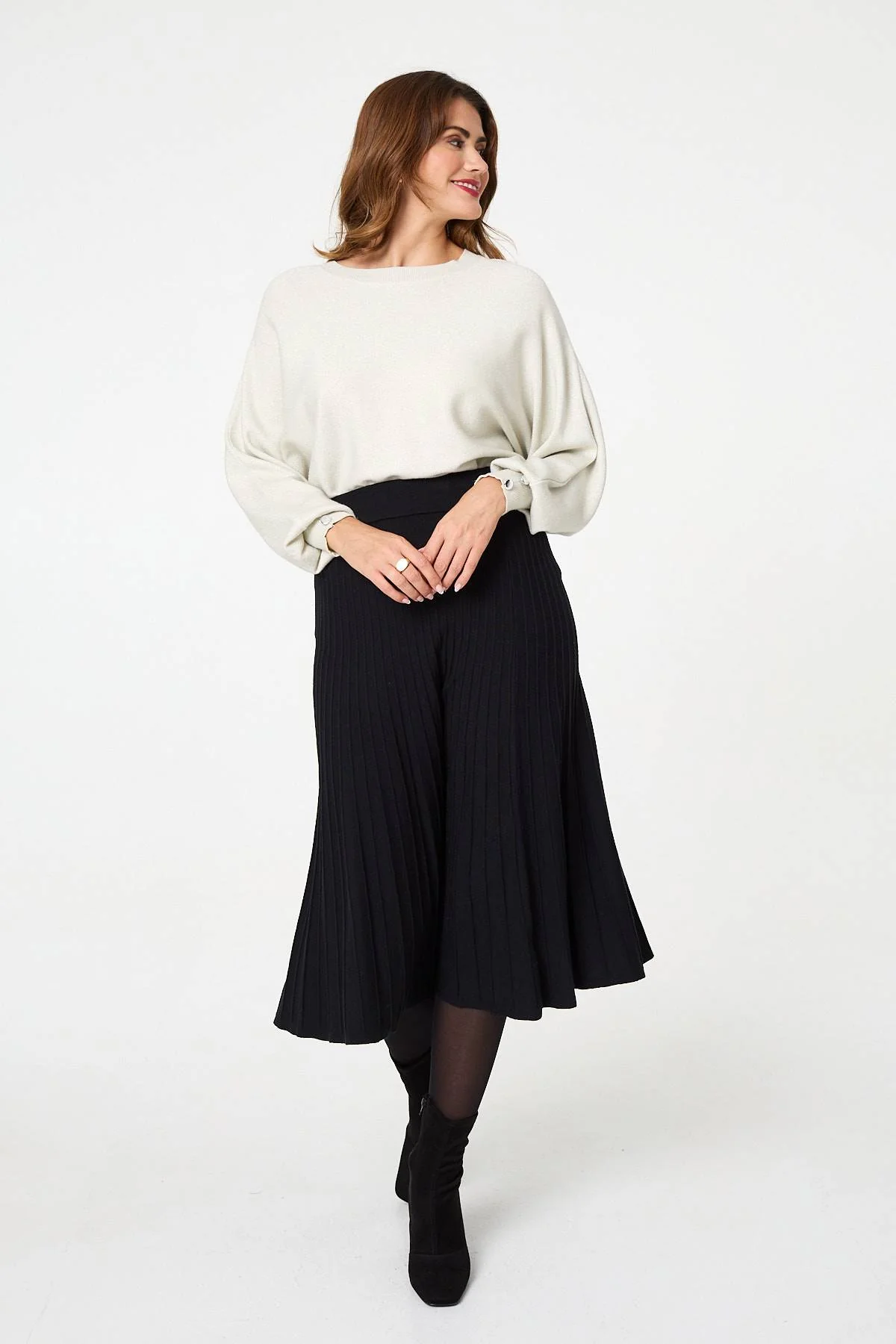 High Waist Pleated Knit Midi Skirt