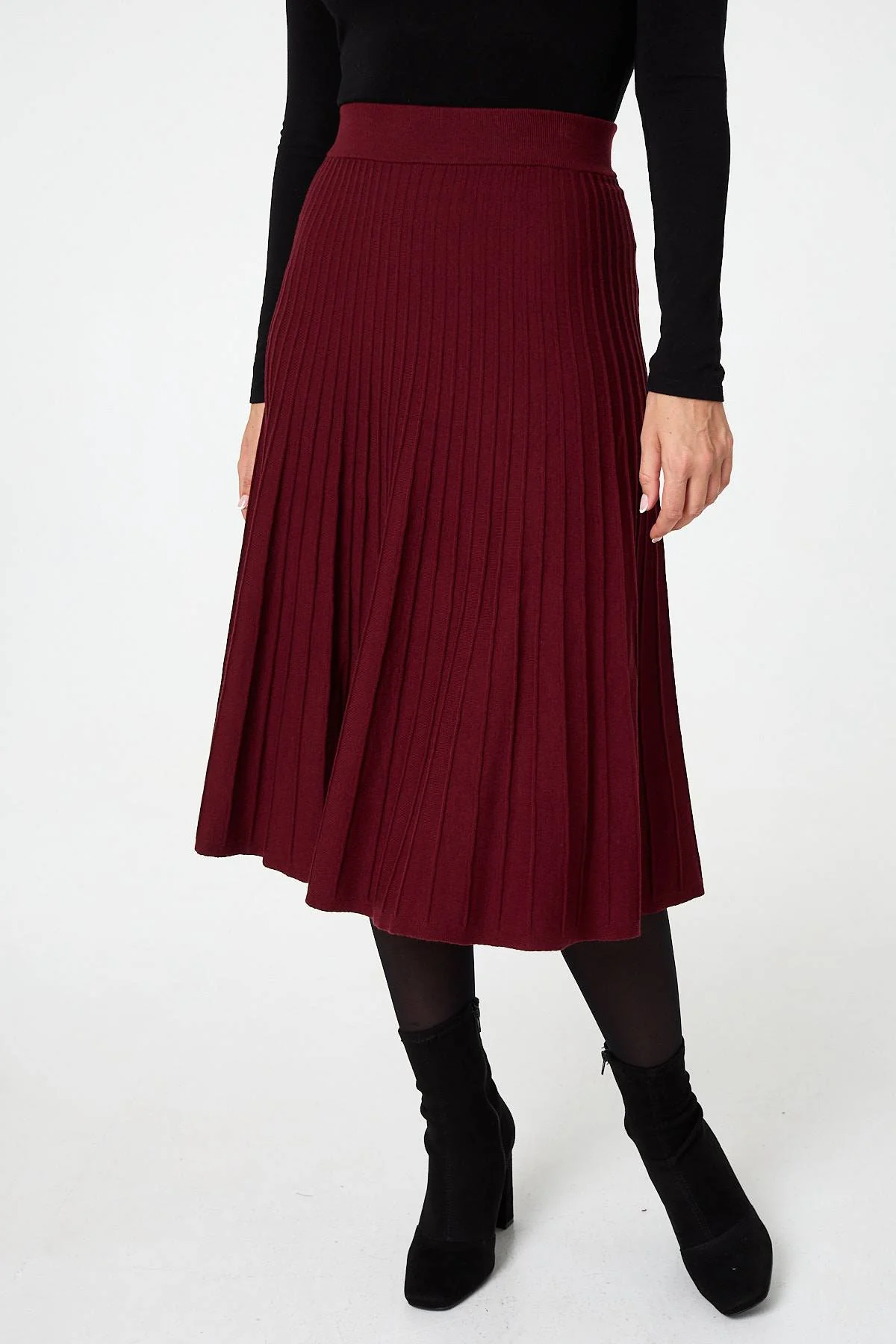 High Waist Pleated Knit Midi Skirt